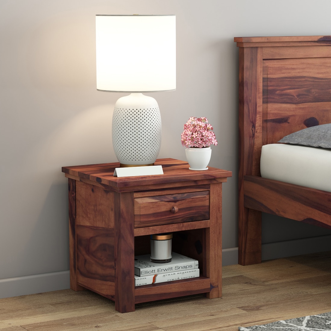 Happu Solid Wood Bedside Table in Teak Finish - Woodenmood