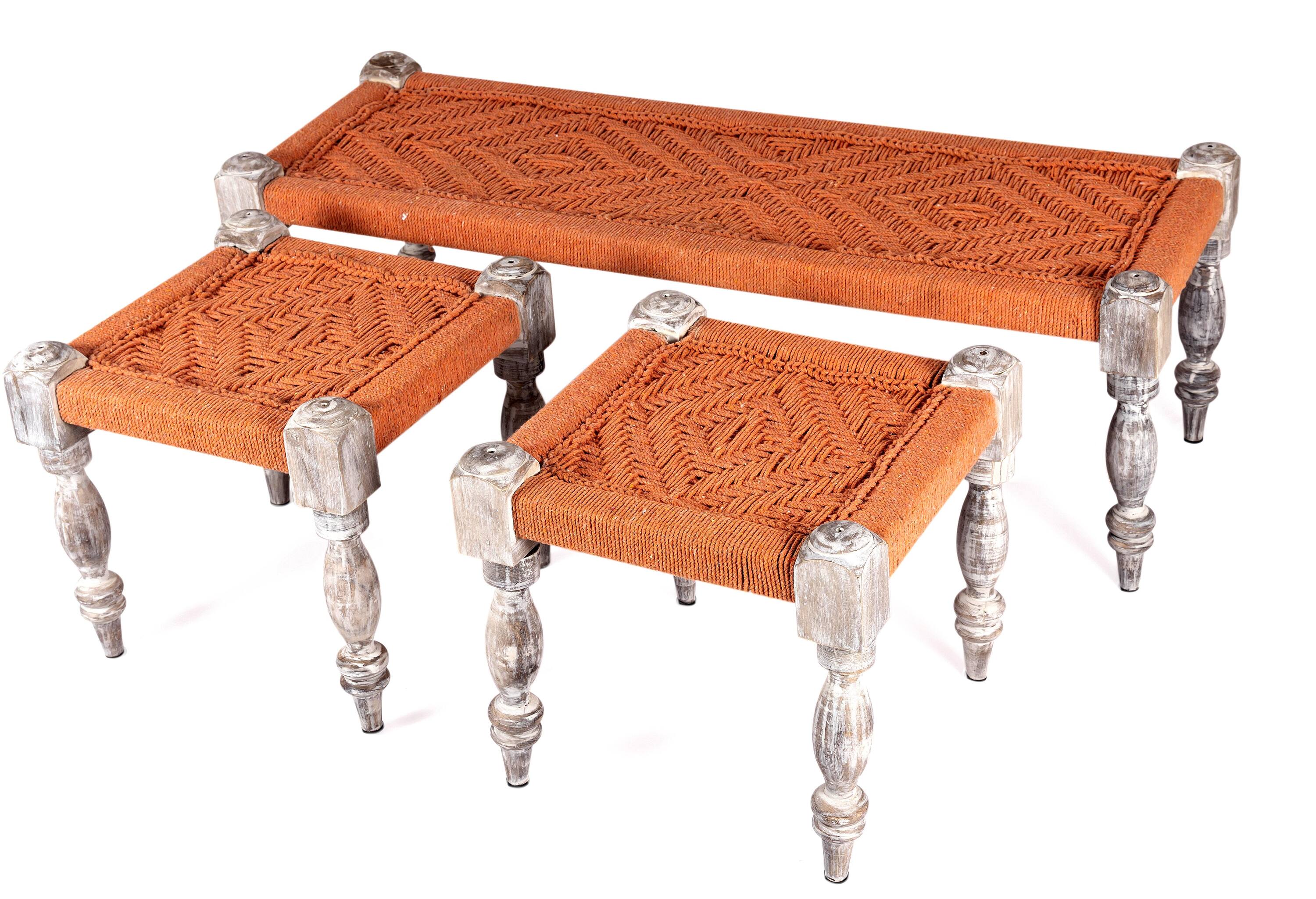 Hamilton Sheesham Wood Vintage 3+1+1 Seater Maachi Bench Set With 2 Stools In Orange Rope Canning