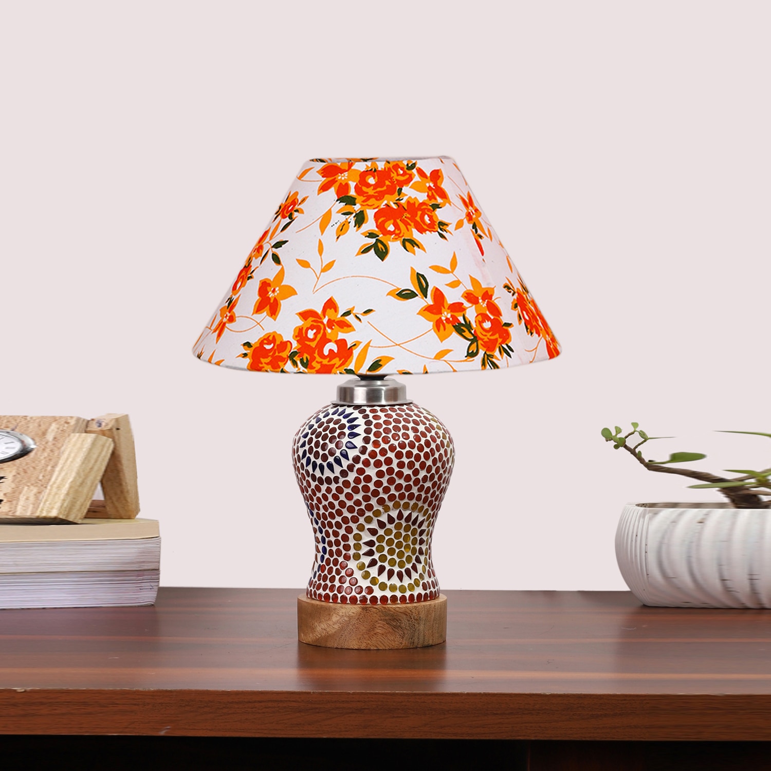 Devansh Conical Multi Cotton Shade Lamp With Wood & Mosaic Glass Base For Decoration/Office/Home/Gifting/Study For Decoration/Office/Home/Gifting/Study -(10X10X14.5) Inches -A