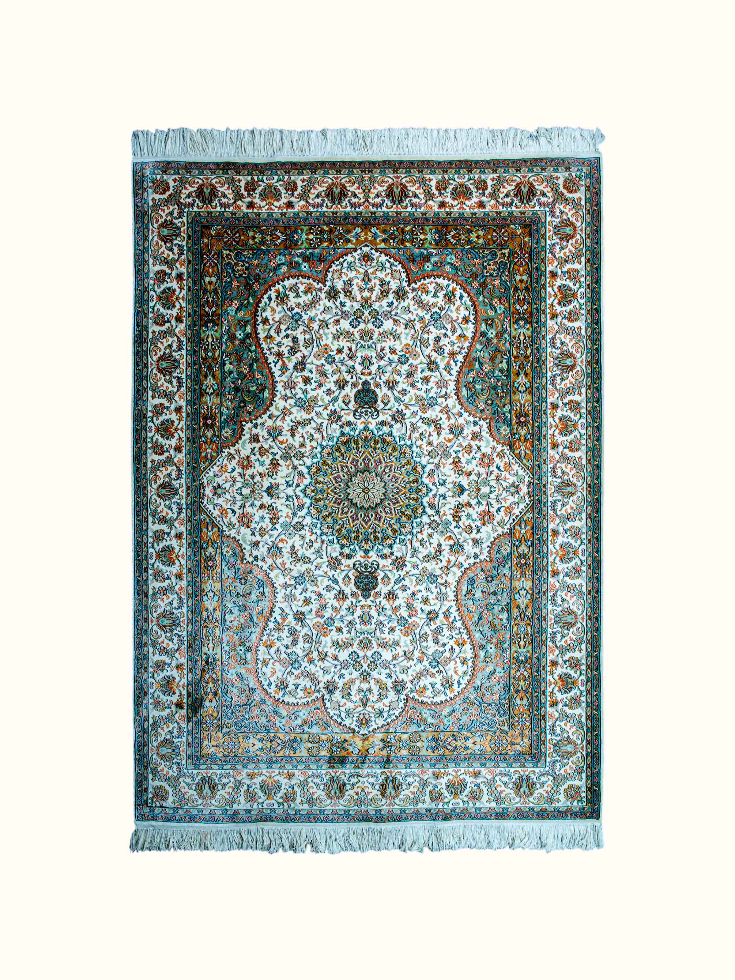 Traditional Persian Ivory Blue Kerman Kashmir Silk Hand-Knotted Carpet