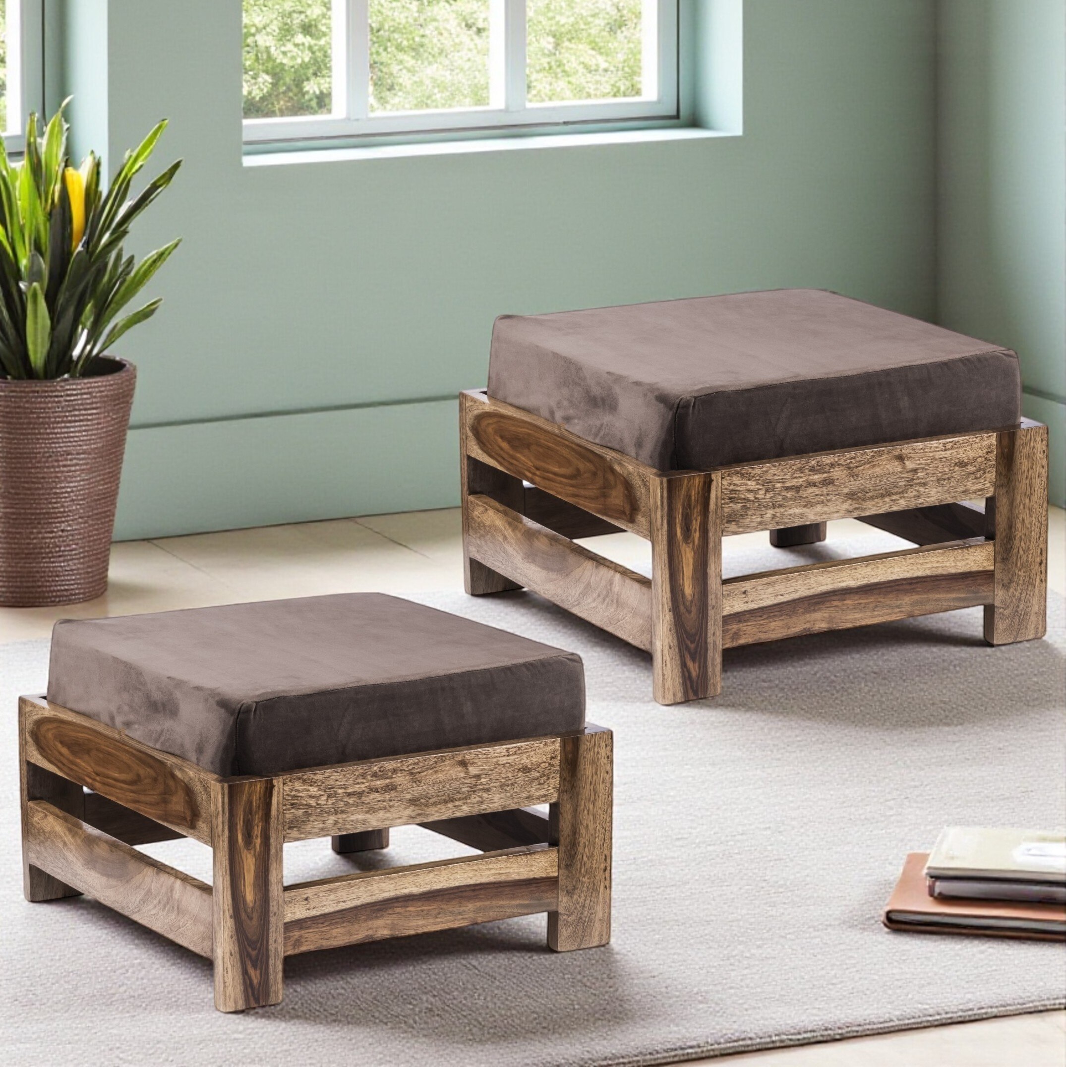 Amber Rosewood Foot Stool with Grey Velvet Cushion
