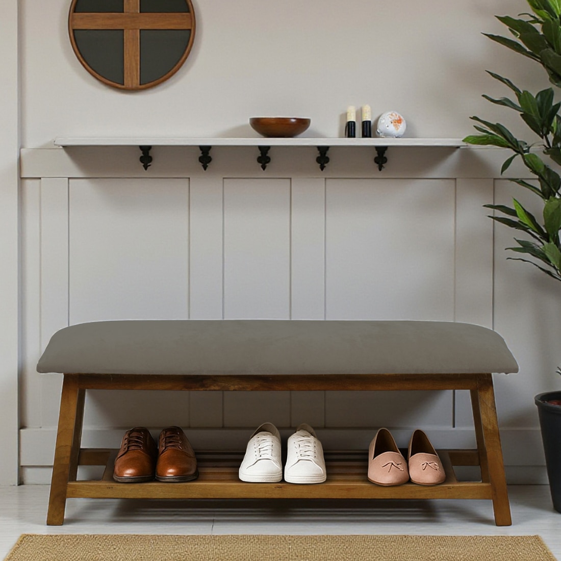 Notodden Solid Wood Shoe Rack with Seating in Walnut Brown finish