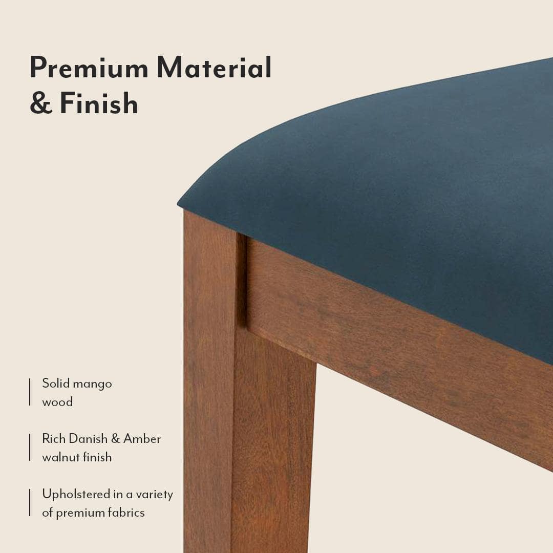 Reed Solid Wood Dining Chair Set Of 2 In Finish Amber Walnut And Colour Night Blue Velvet