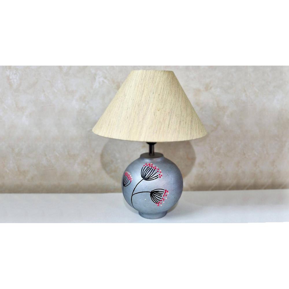 Amaro Handmade & handpainted Silver colour Wooden matka lamp with Cotton Beige shade