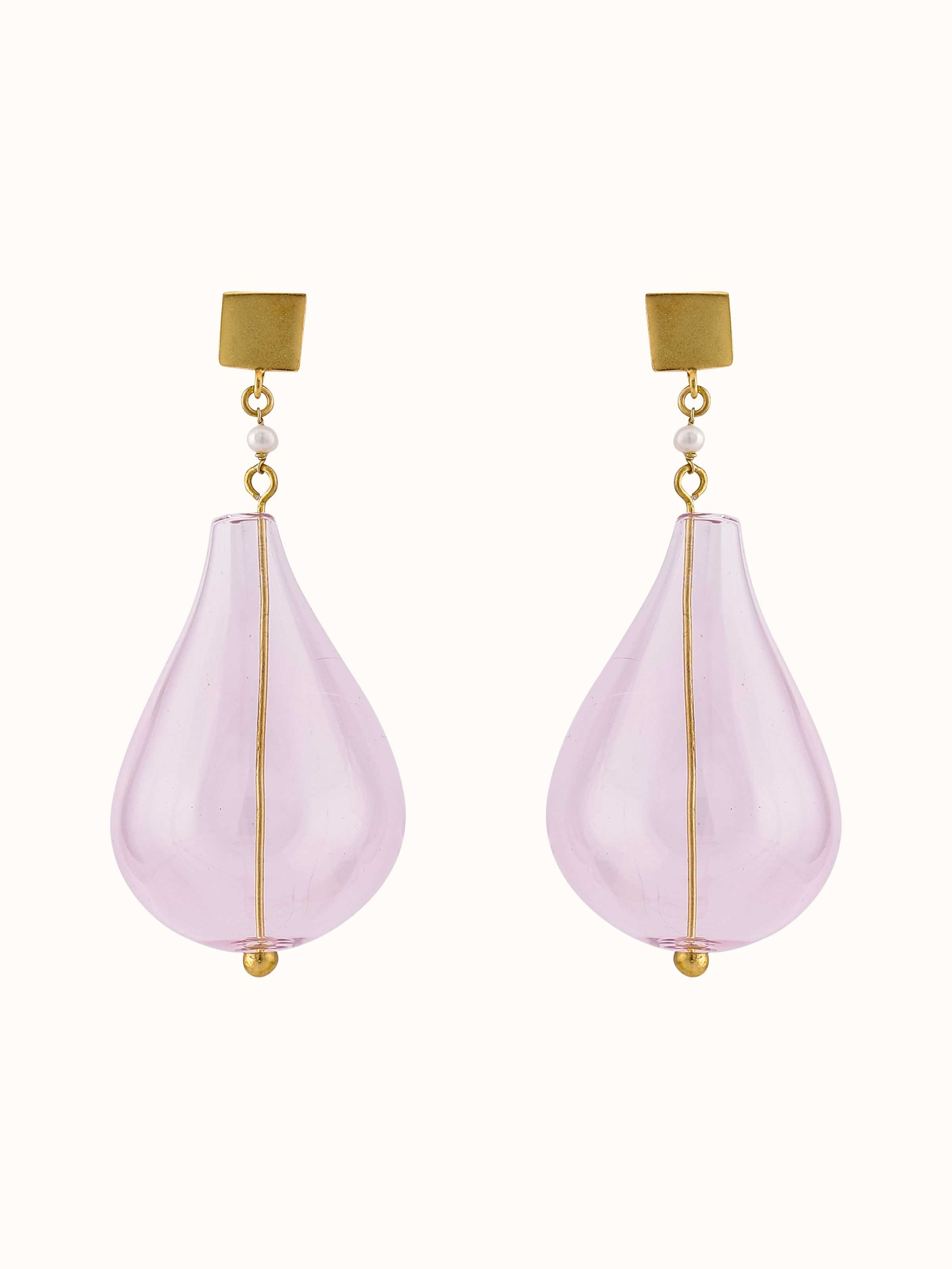 Front view of silver flame glass drop earrings