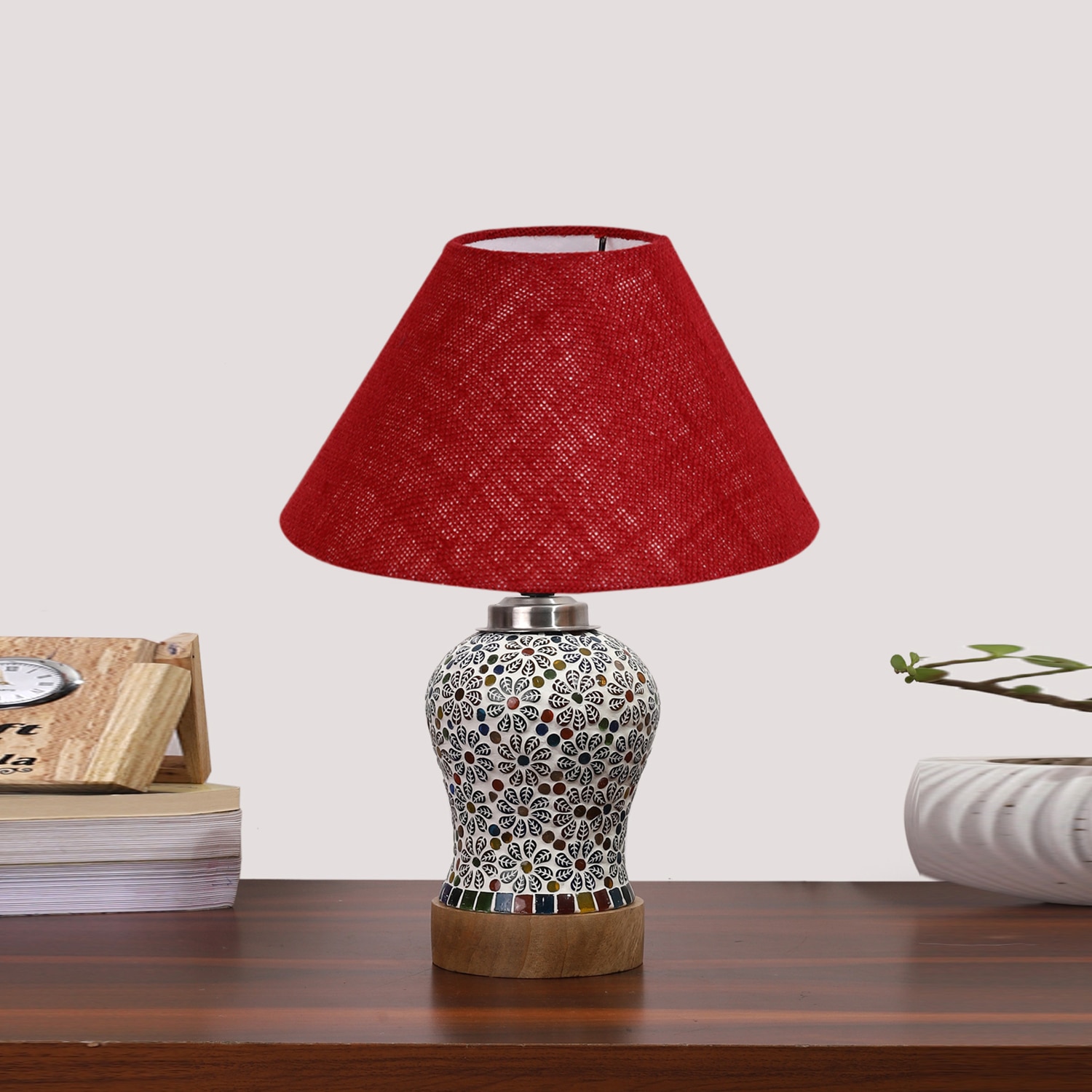 Devansh Conical Maroon Jute Shade Lamp With Wood & Mosaic Glass Base For Decoration/Office/Home/Gifting/Study For Decoration/Office/Home/Gifting/Study -(10X10X14.5) Inches -A - Devansh