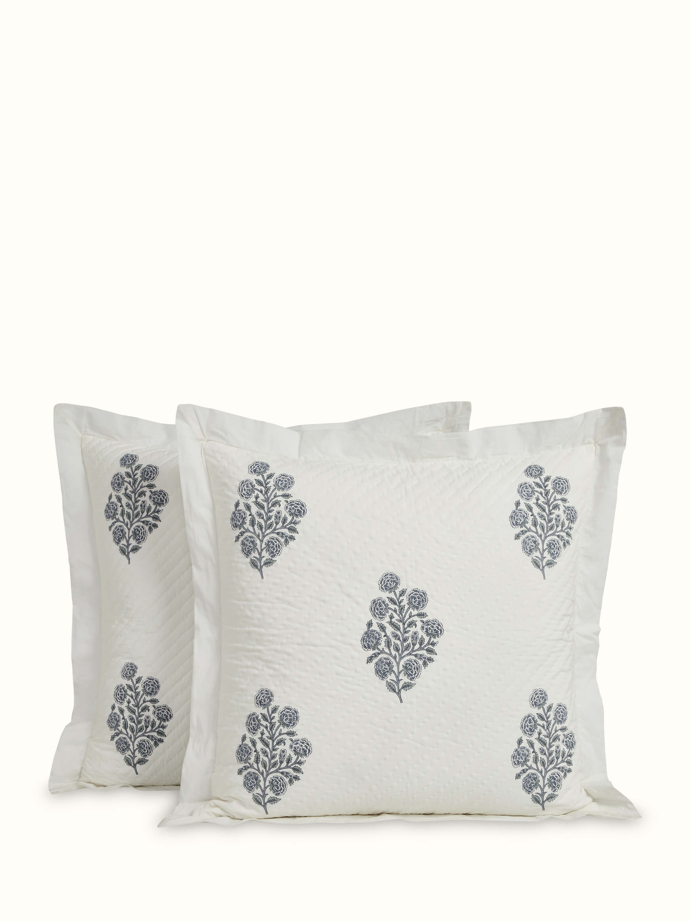 Front view of Saha Grey Buta Stripe Cotton Sanganeri Hand Block Print Cushion Covers (2 Pcs) by Swadesh