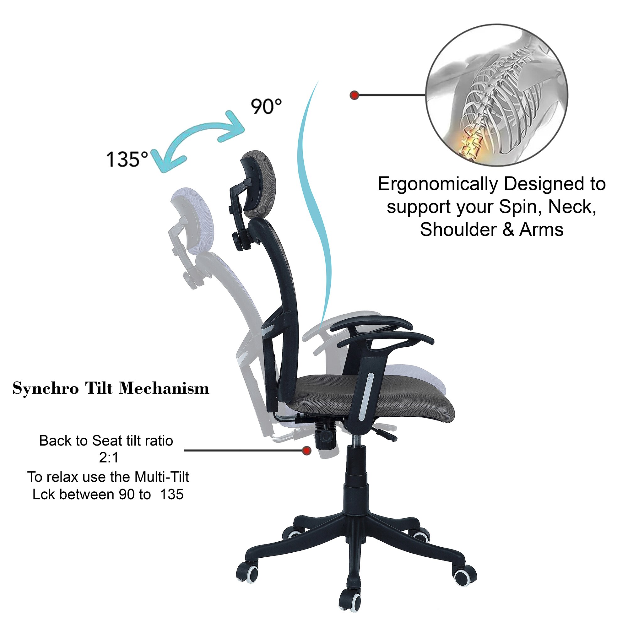Jeaorda High Back Ergonomic Chair in Grey Colour