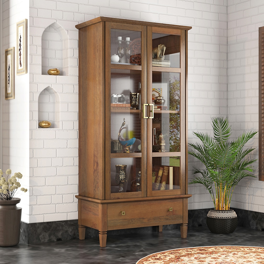 Malabar Bookshelf Display Cabinet 55 book Capacity Amber Walnut Finish