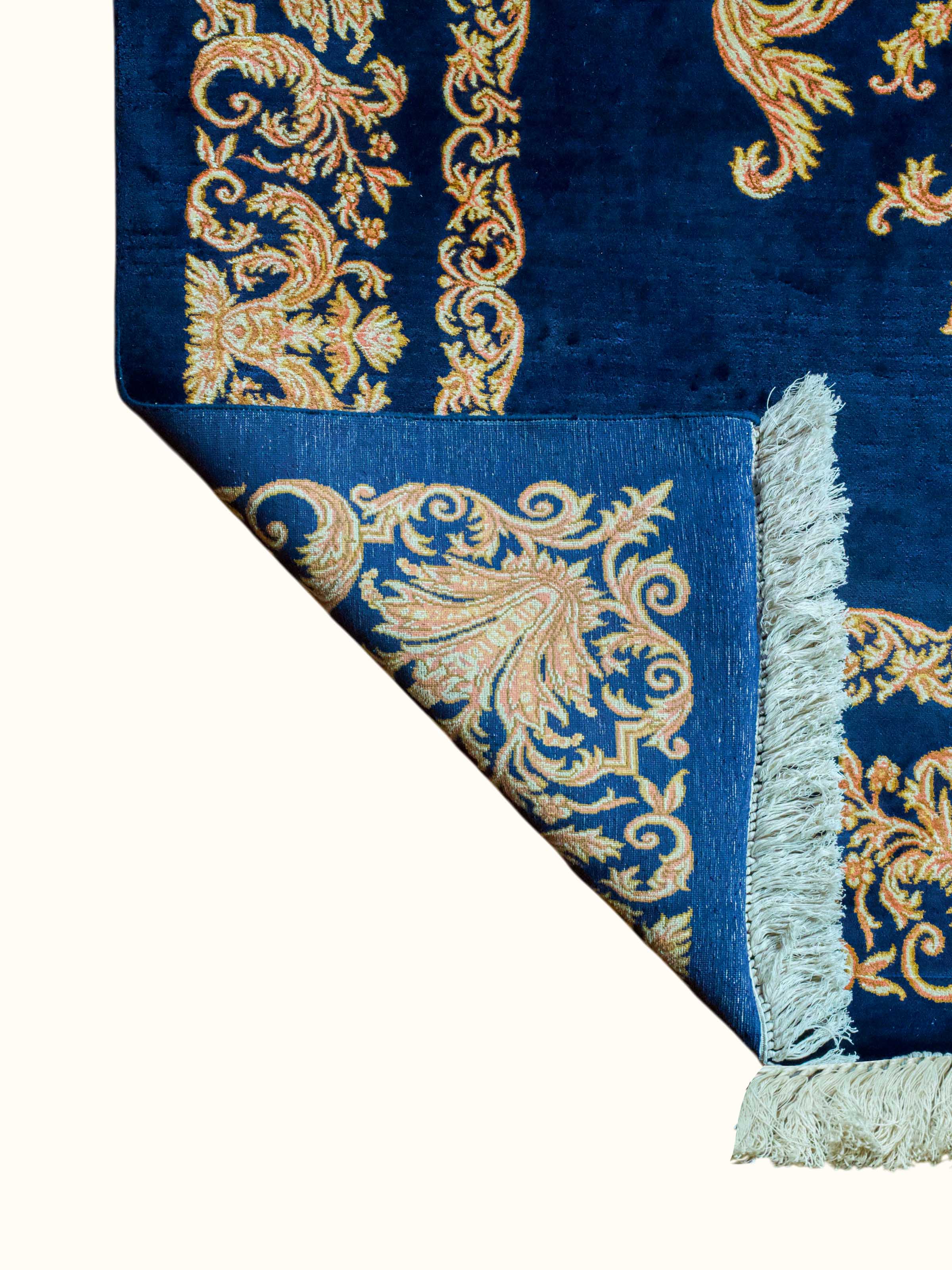 Traditional Persian Navy Opan Kashmir Silk Hand-Knotted Carpet