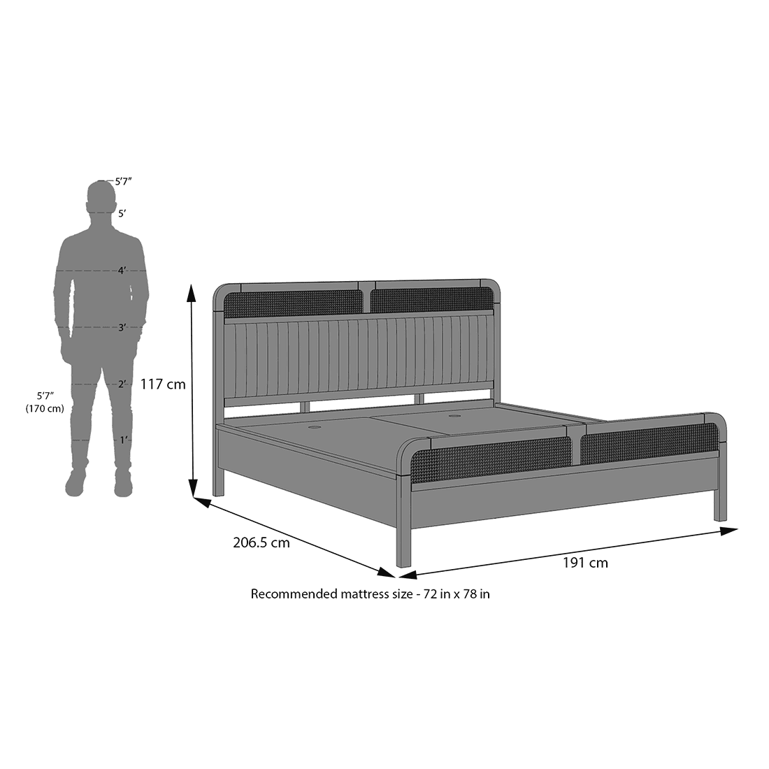 Hanoi Solid Wood Cane King Size Nonstorage Bed In Danish Walnut Finish Fabric Deep Olive