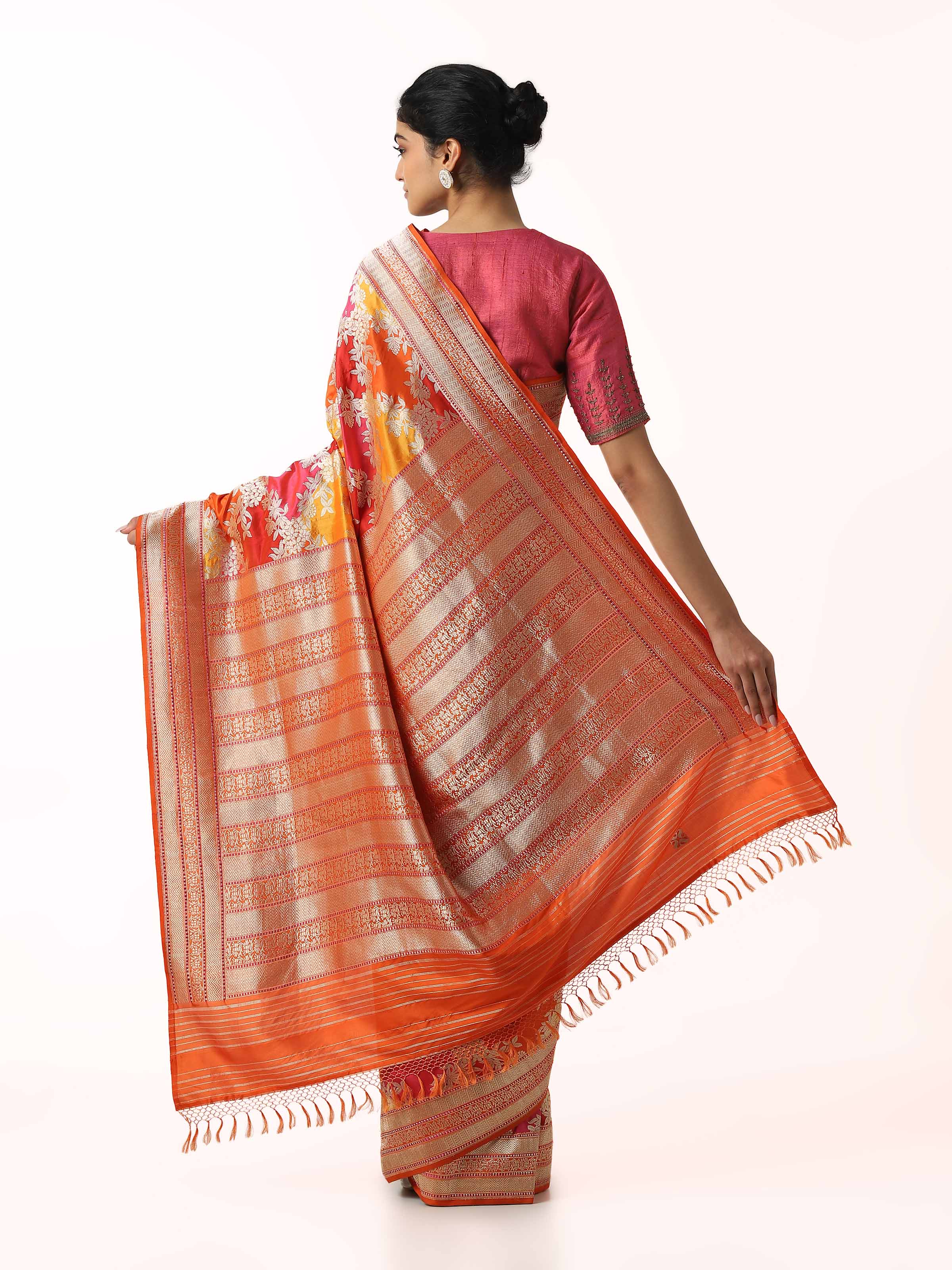 Back view of silk rangkat Banarasi saree displaying elaborate pallu