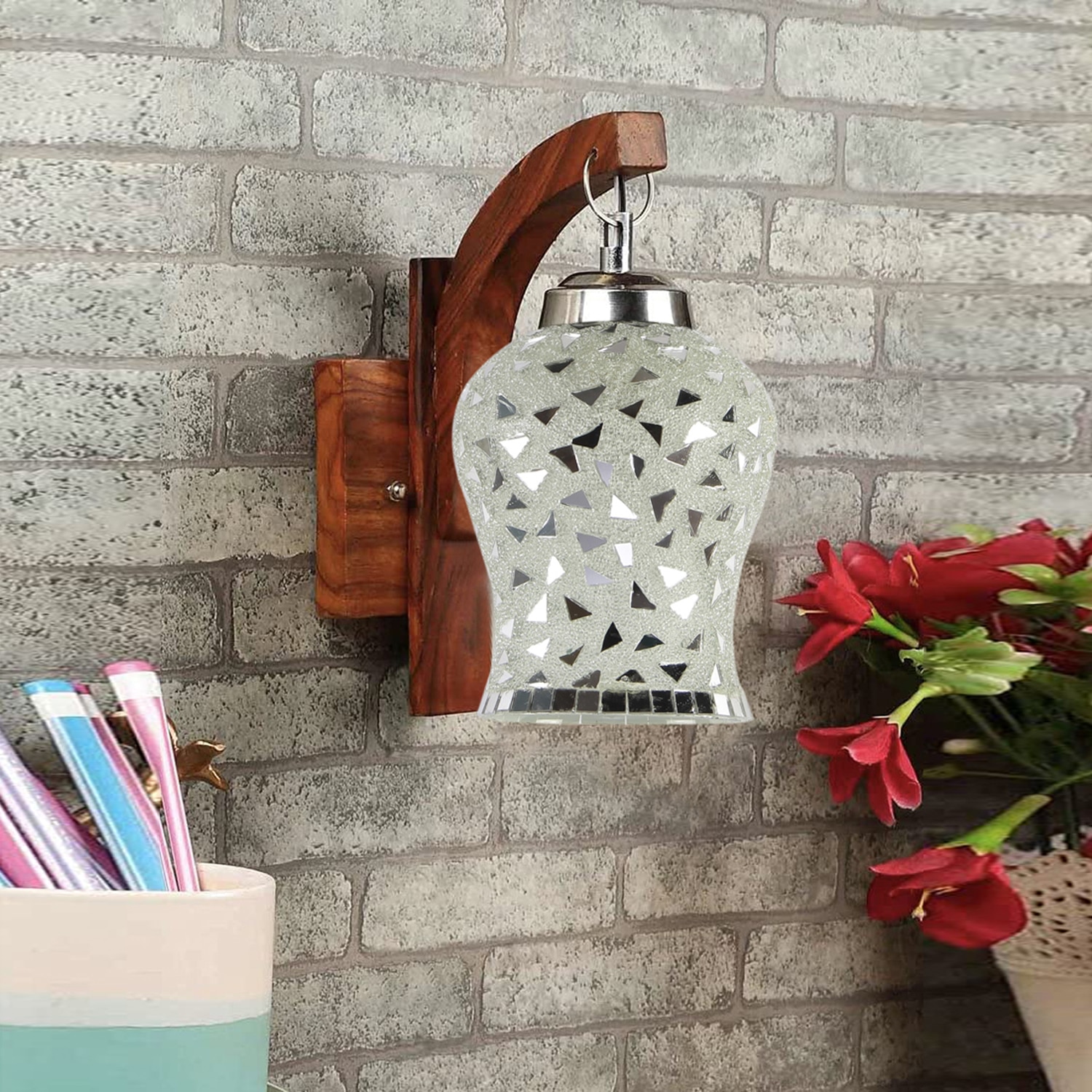Devansh Solid Wood Electric Wall Light in Brown Colour with Multi Shade Count of 1 Light - Devansh