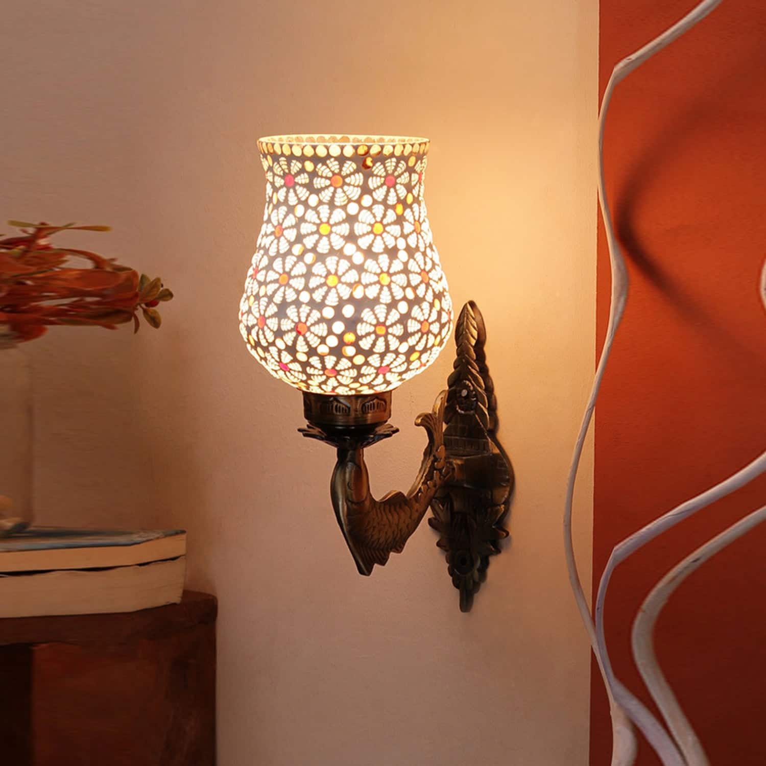 Devansh Metal Electric Wall Light in Antique Gold Colour with Beige Shade Count of 1 Light