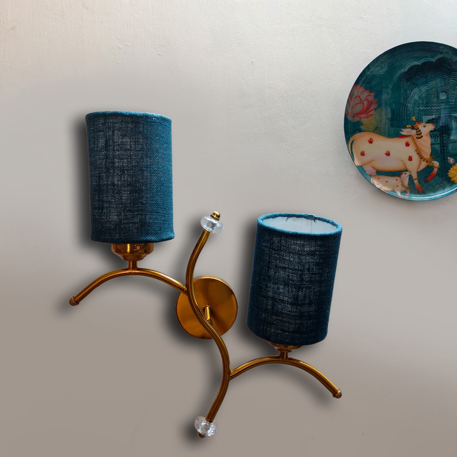 Devansh Metal Electric Wall Light in Gold Colour with Blue Shade Count of 2 Lights - Devansh