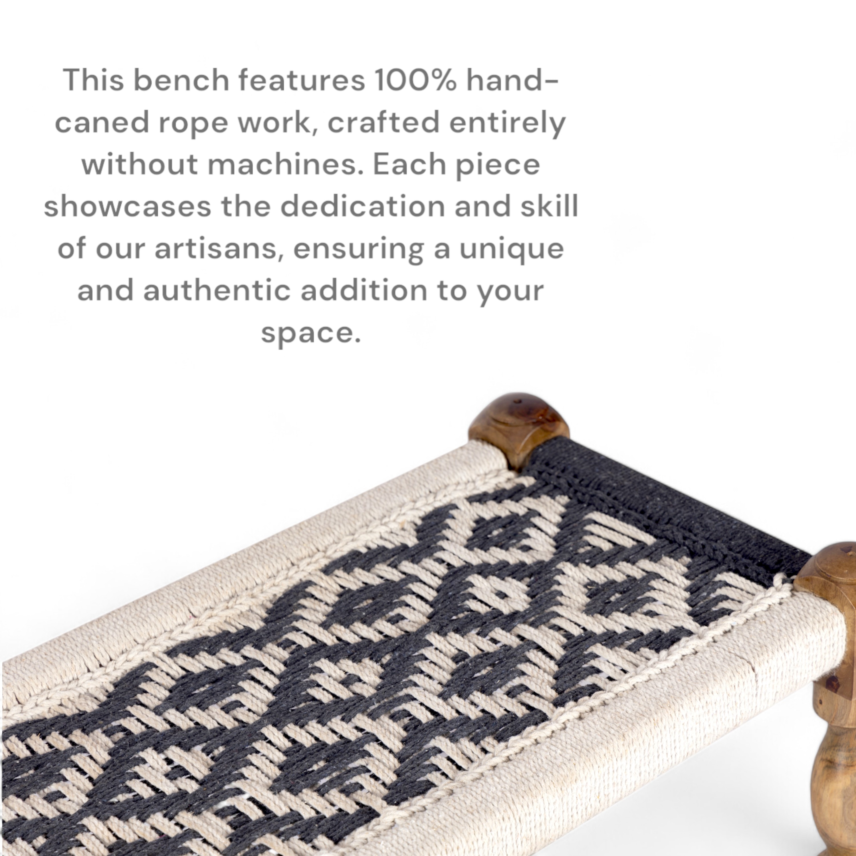 Oakville Sheesham Wood 2 Seater Maachi Bench In Black & White Rope Canning