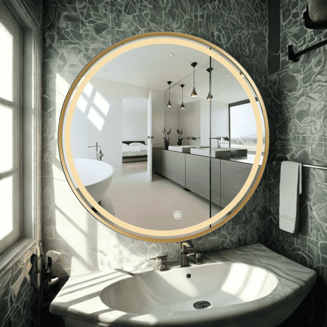 Round LED Mirror with Gold Aluminium Frame Modern Circular Vanity Mirror