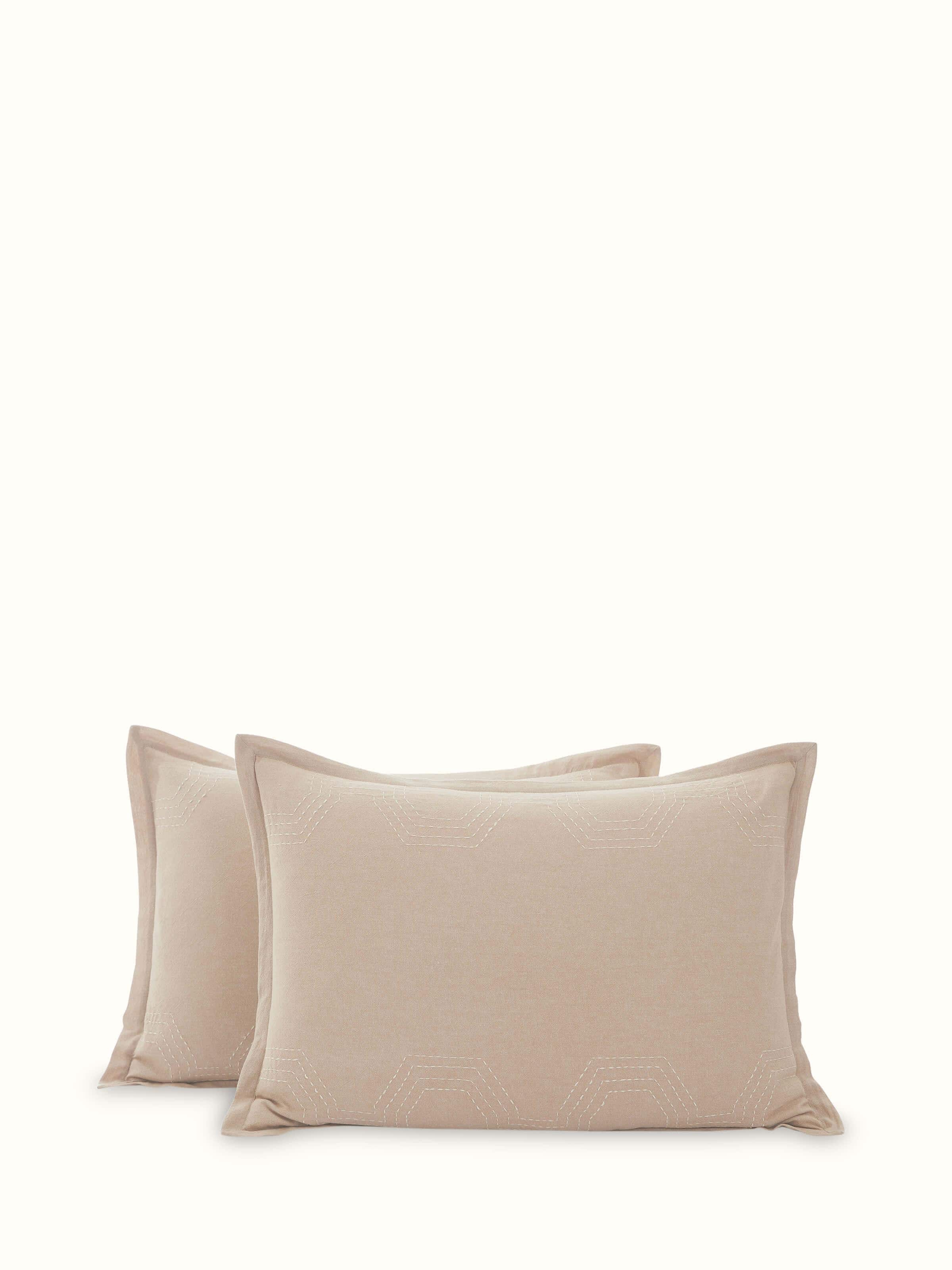 Front view of Kahani Brown Geometric Cotton Kantha Embroidery Pillow Shams set of 2 by Swadesh