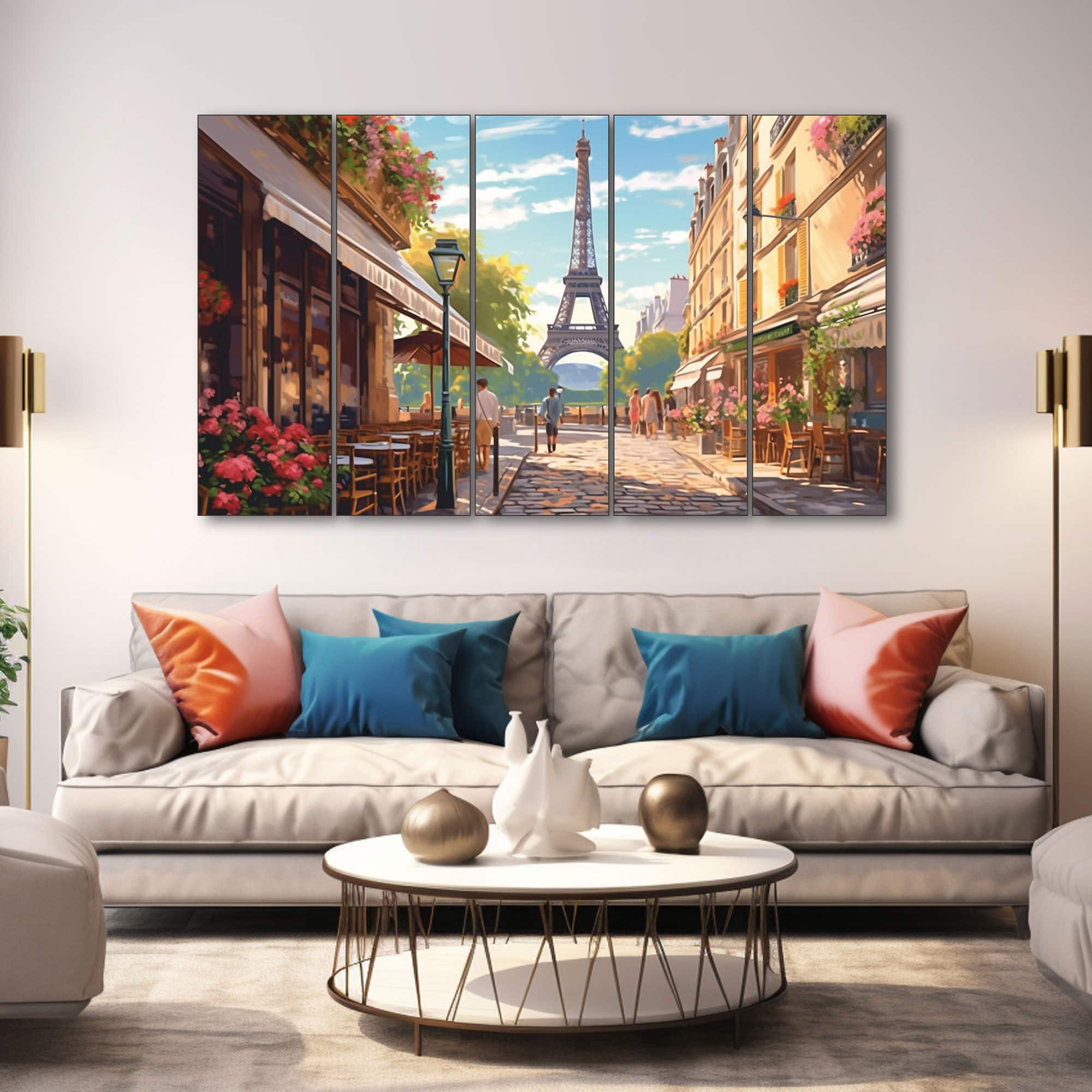 The Castle Decor Eiffel Tower Wall Art Set of 5 Wooden Framed Digital Painting 27x48 Inch - The Castle Decor