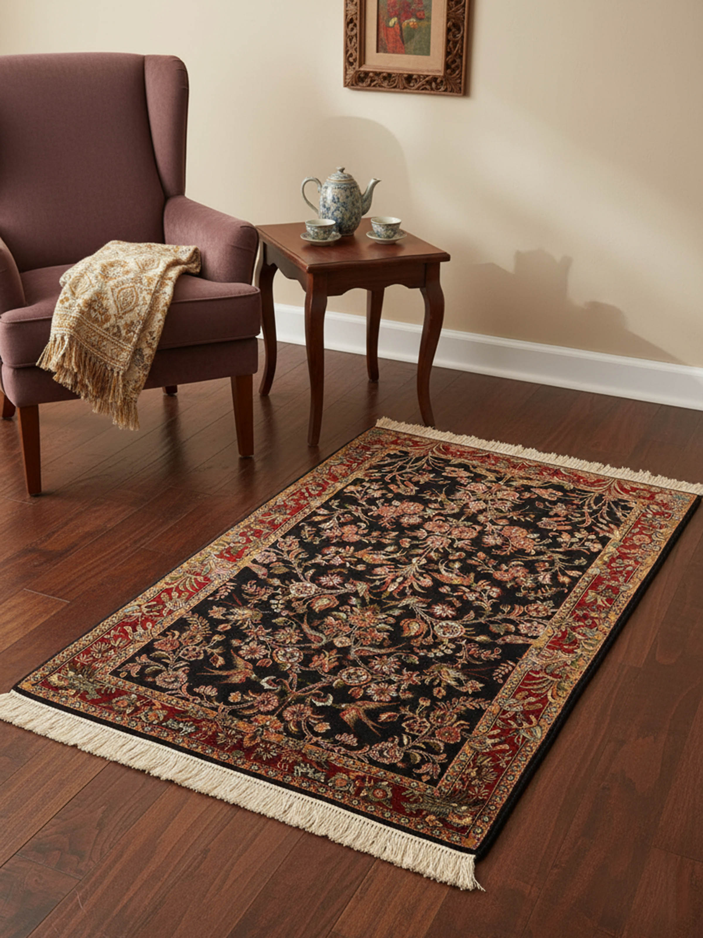 Traditional Persian black garden Kashmir silk hand-knotted rug in living room setting – Swadesh
