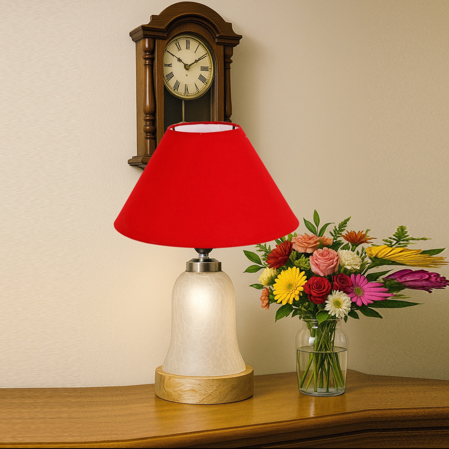 Devansh Conical Red Cotton Shade Lamp With Wood & Mosaic Glass Base For Decoration/Office/Home/Gifting/Study For Decoration/Office/Home/Gifting/Study -(10X10X14.5) Inches -A