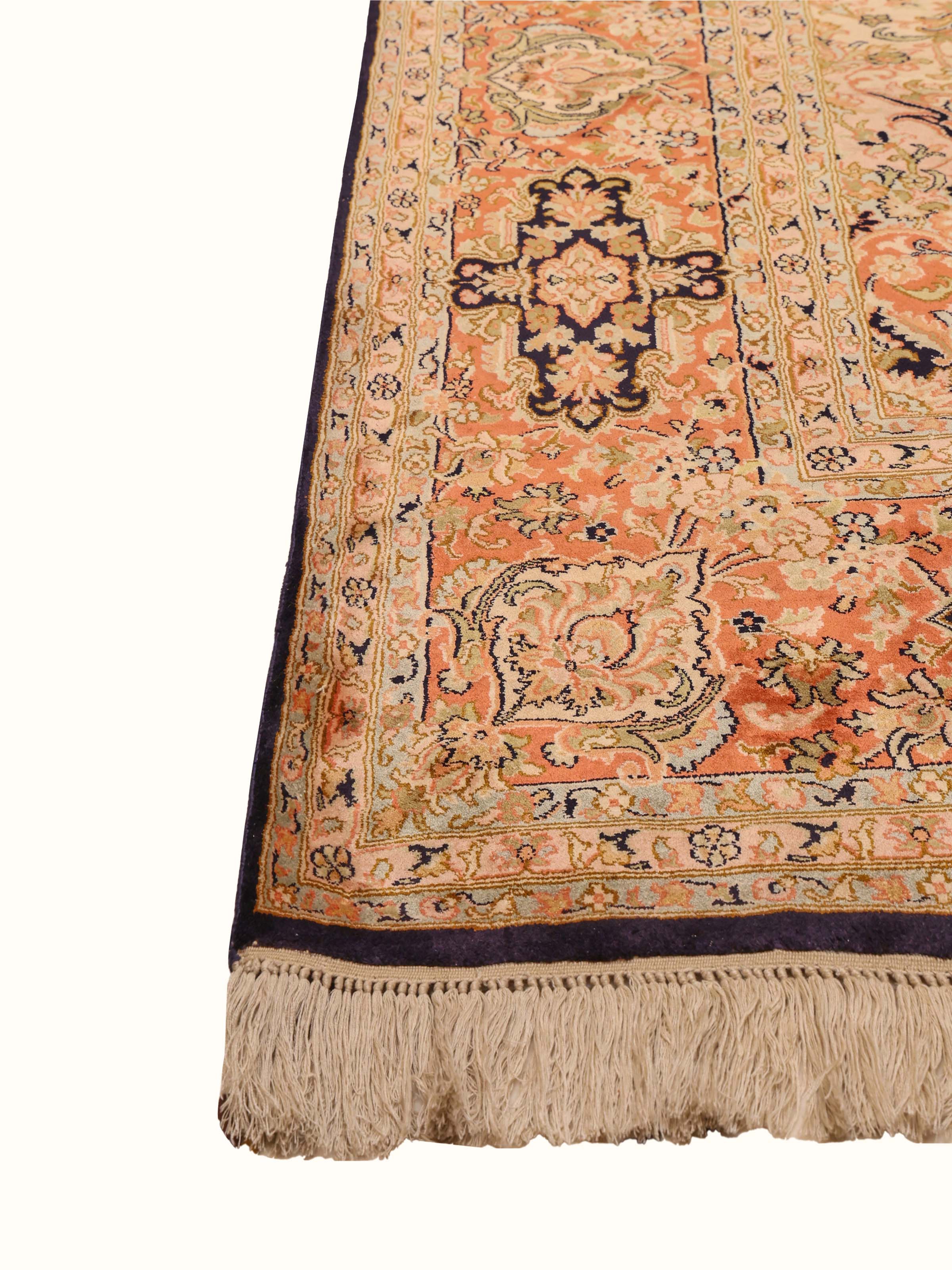 Traditional Persian Navy Rust Kashan Kashmir Silk Hand-Knotted Carpet