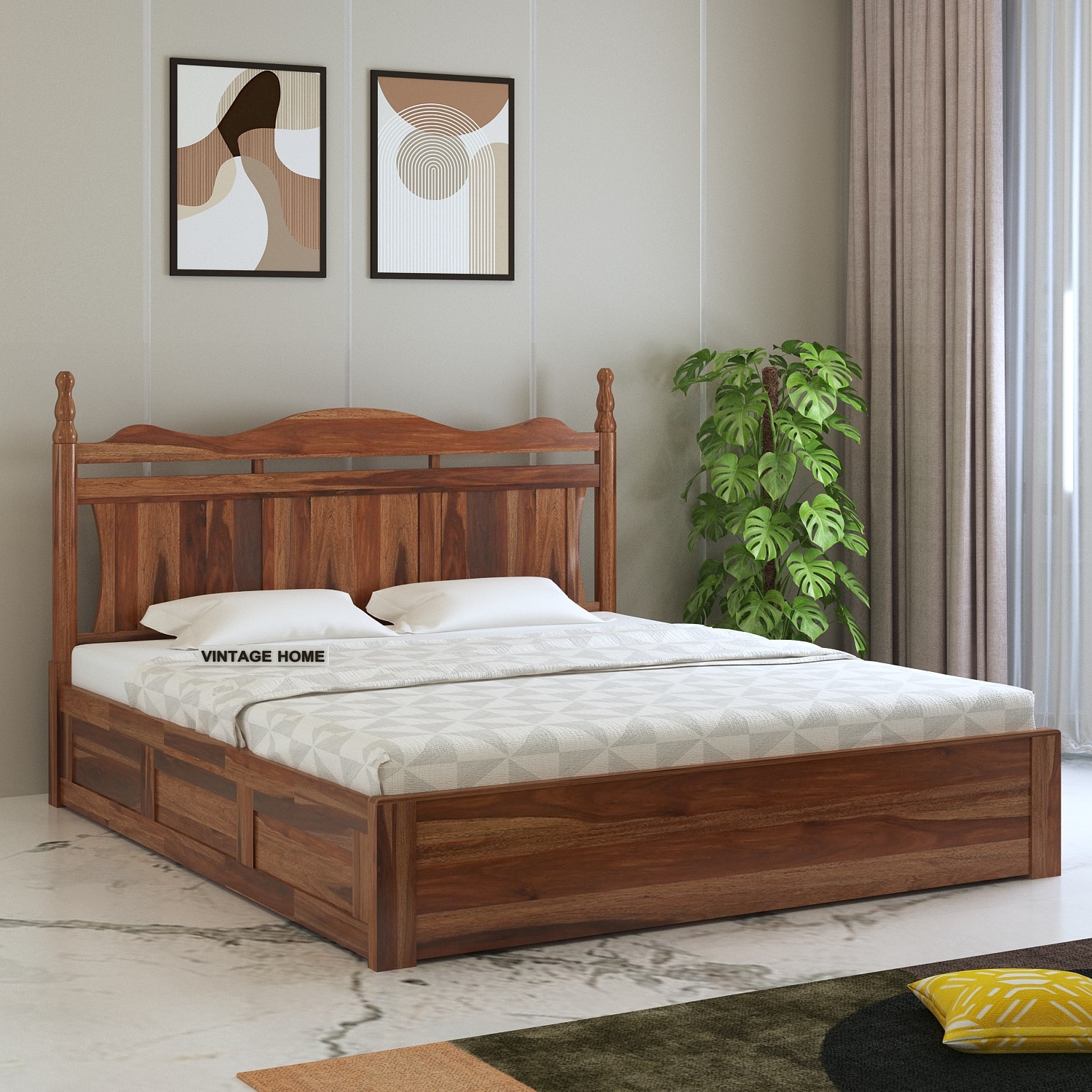 Lavento Sheesham Wood King Size Bed With Box Storage In Provincial Teak Finish
