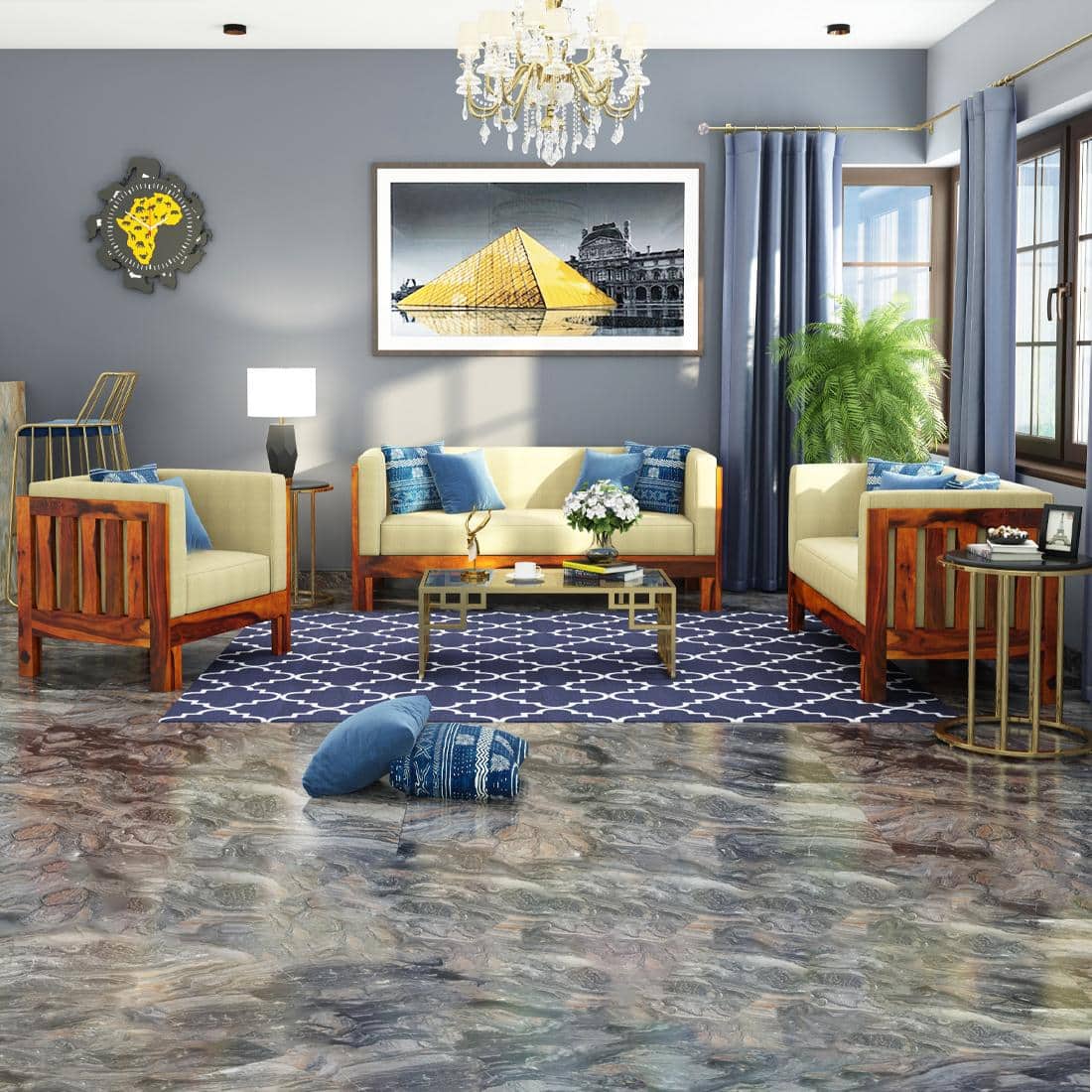 Prashiv 3+1+1 Seater Wooden Sofa (Creame Colour, Honey Finish)