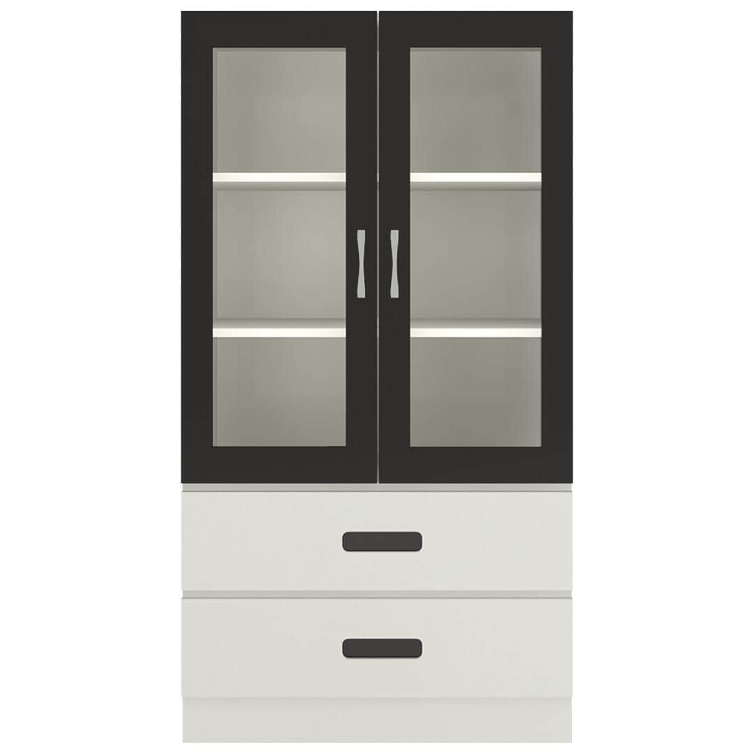 Paloma Large Crockery cum Bookshelf Cabinet with Toughened Glass Shutters and Drawers in Ivory Carbon Black Colour