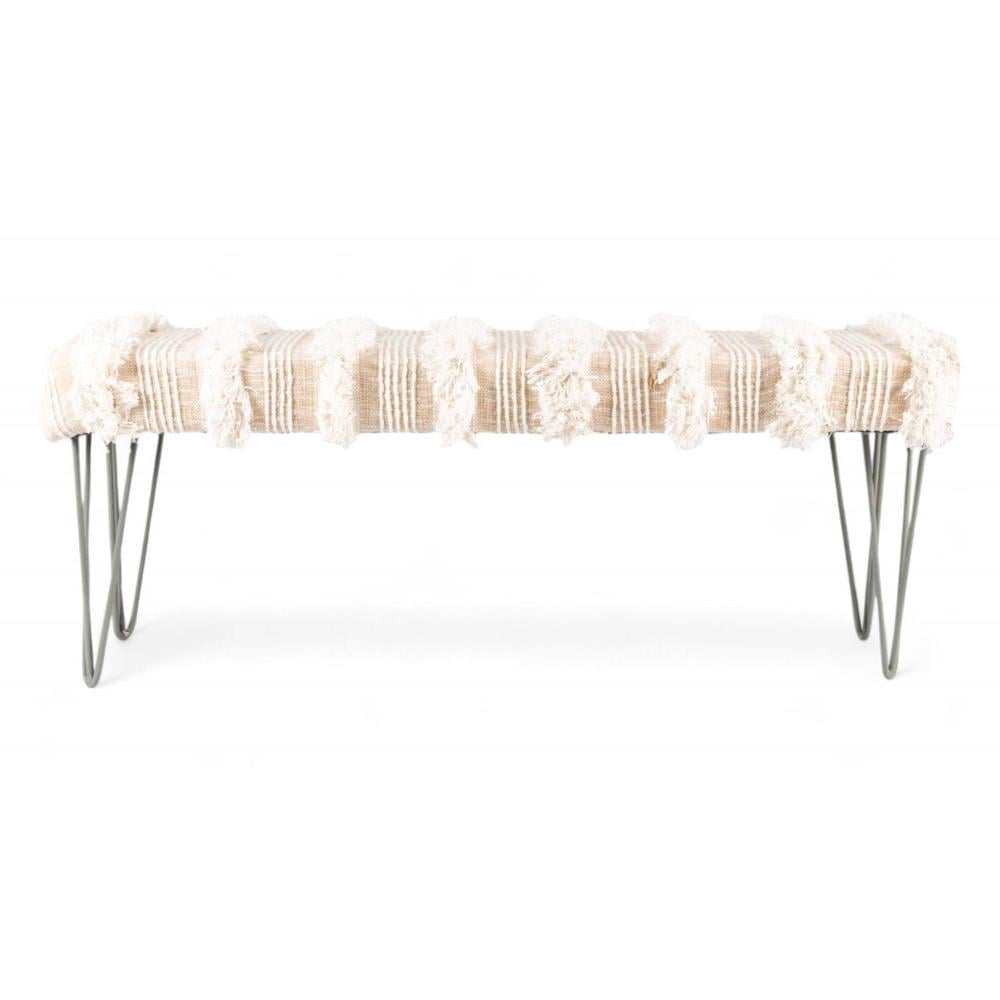 Belmont Sheesham Wood Mid Century 3 Seater Bench With Metal Legs In Beige Fabric