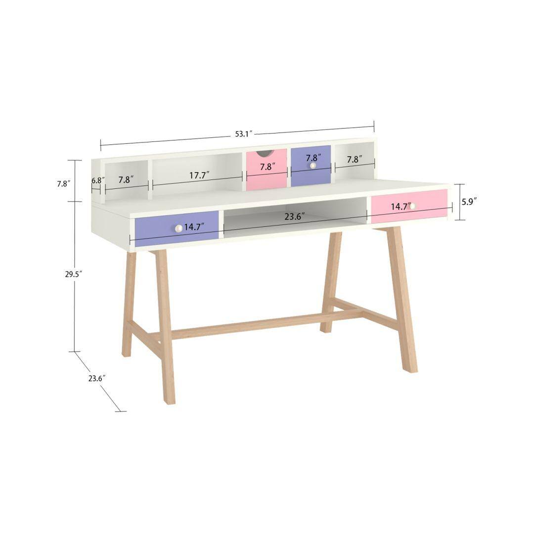 Samara Solid Wood Large 2 Level Study Desk with Drawers Shelves and Tapered Frame in English Pink Persian Lilac Colour