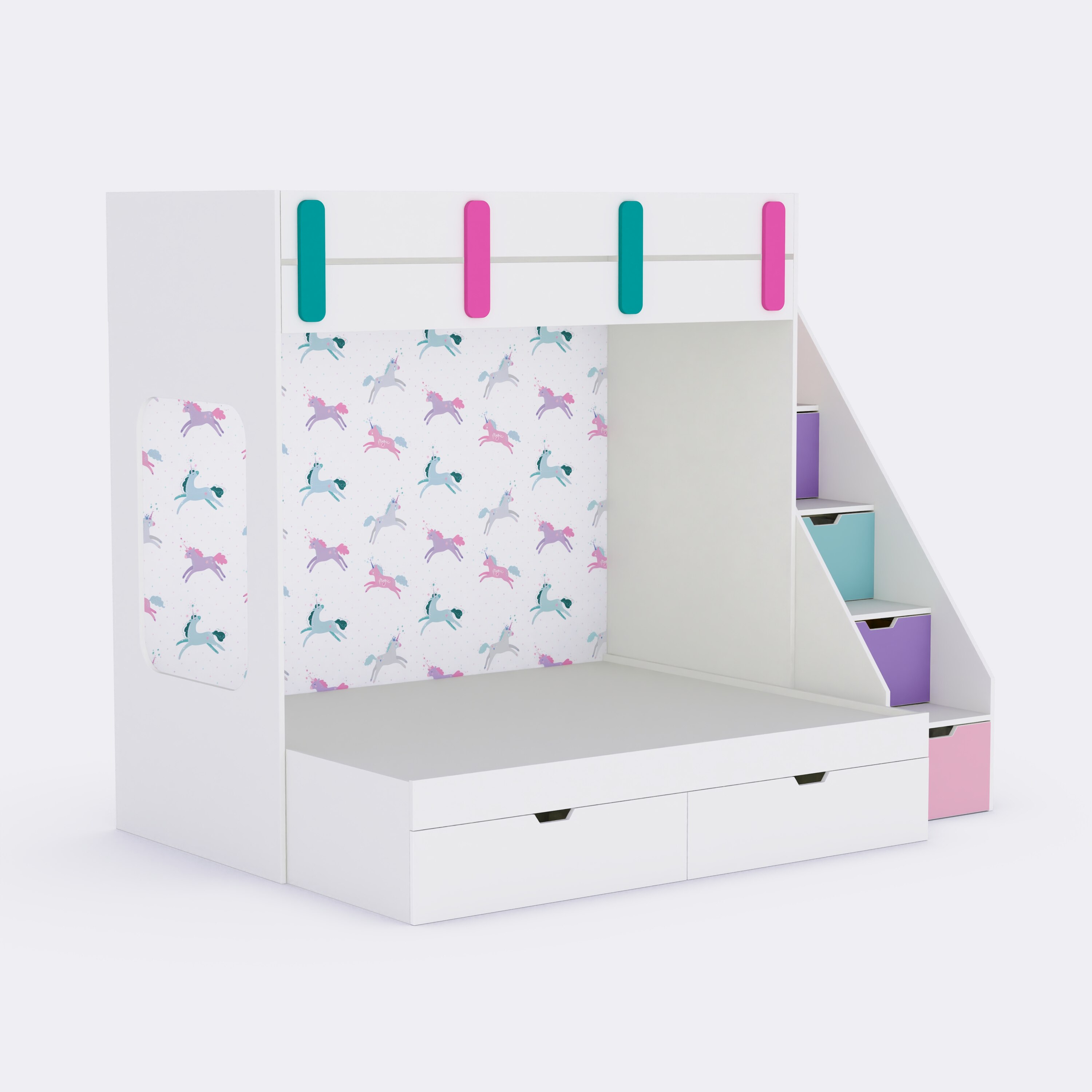 Pattern Dreams Bunk Bed  6X5 (Drawers On Wheels) In White Colour