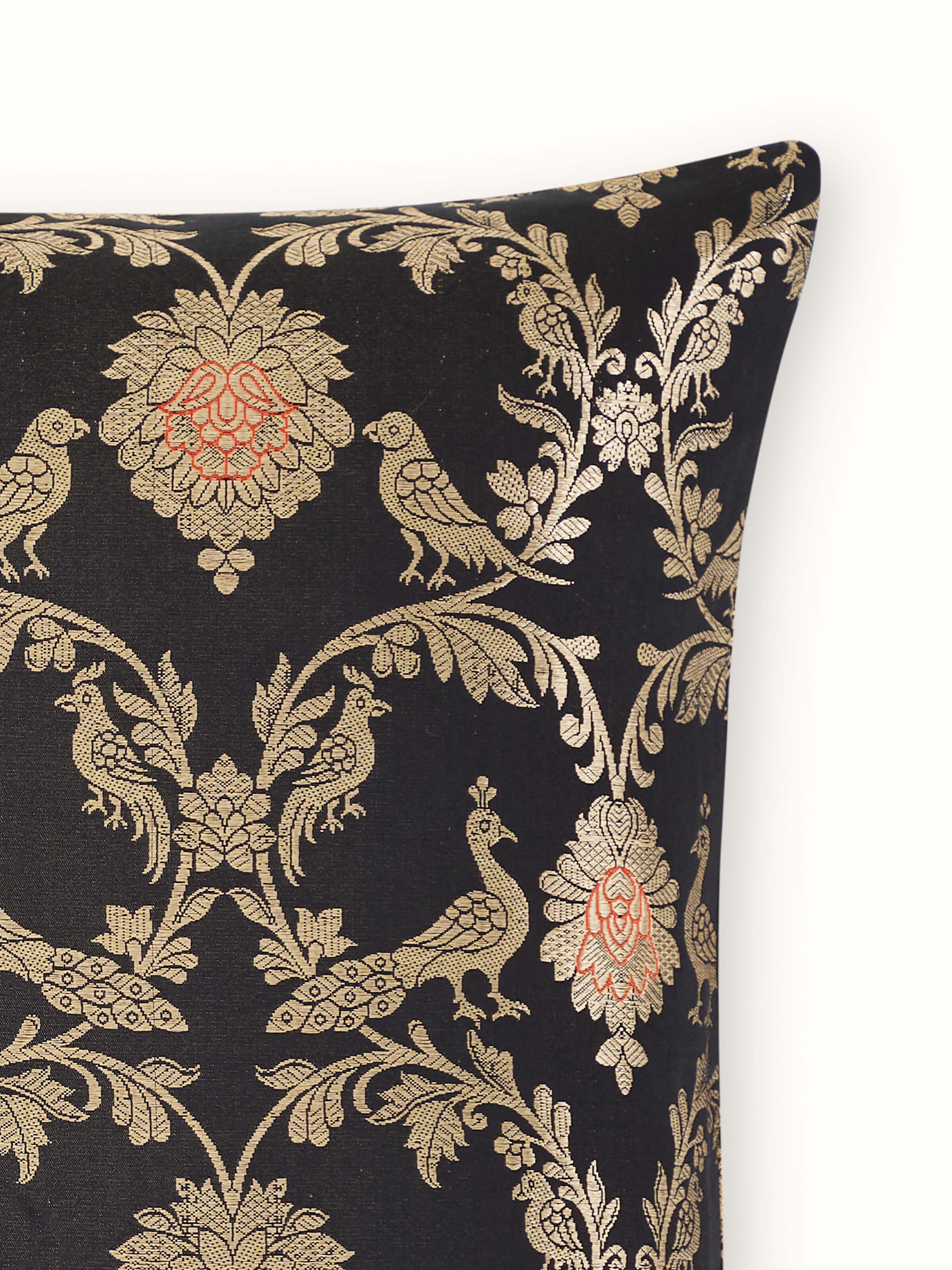 Detail side view of fabric texture on black Jaal Banarasi cushion cover