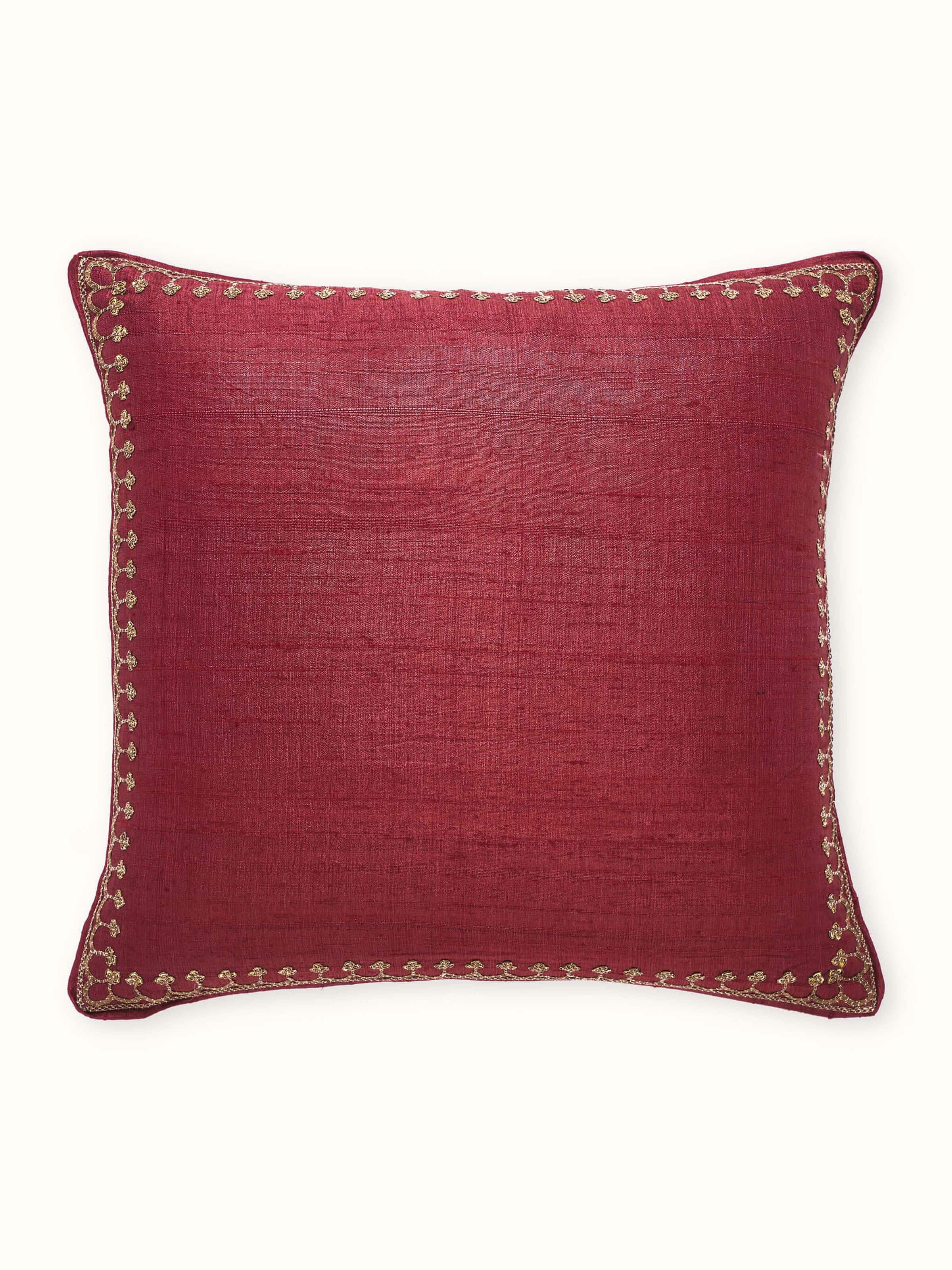 Alankar Maroon Border Silk Zardozi Embroidered Cushion Cover