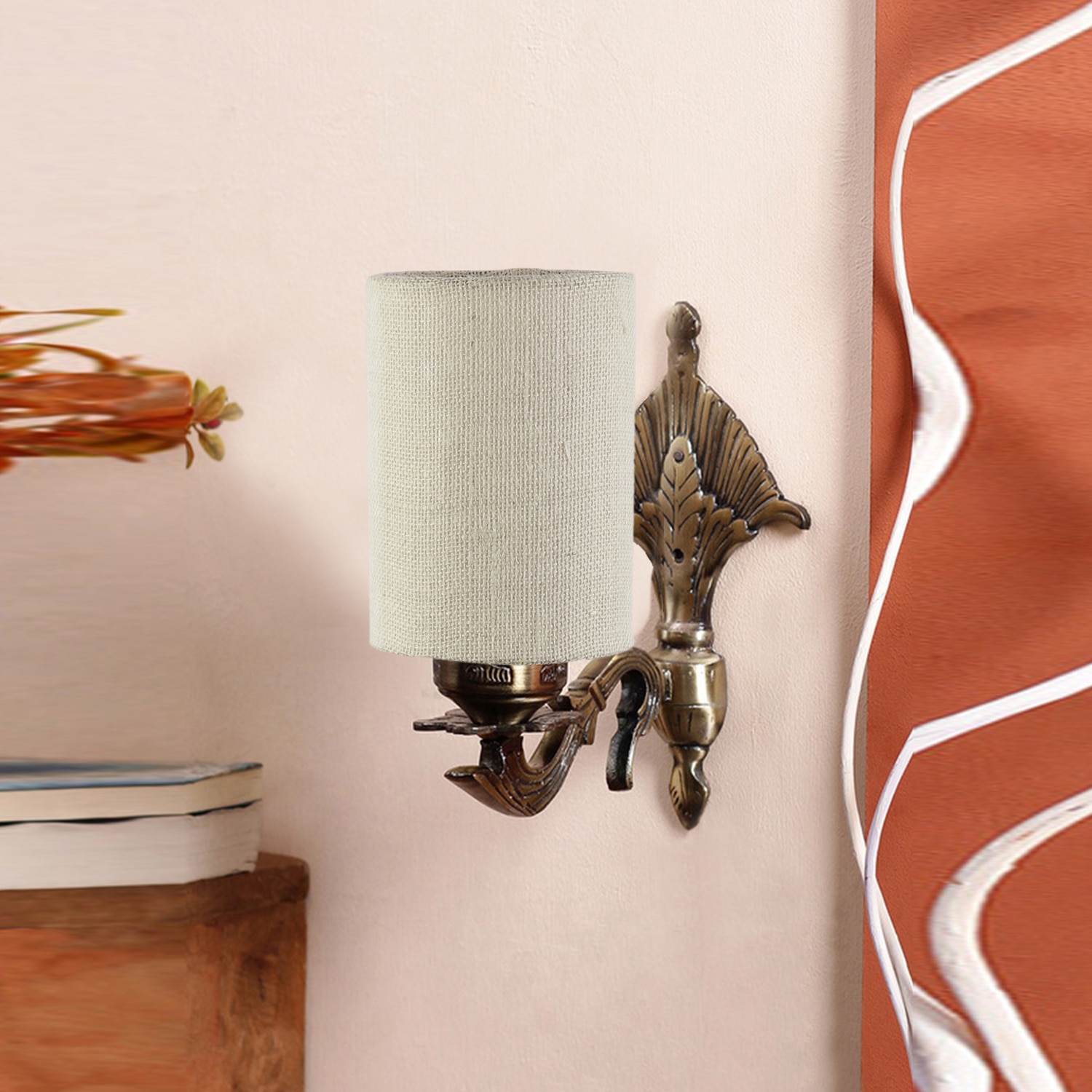 Devansh Metal Electric Wall Light in Antique Gold Colour with White Shade Count of 1 Light - Devansh