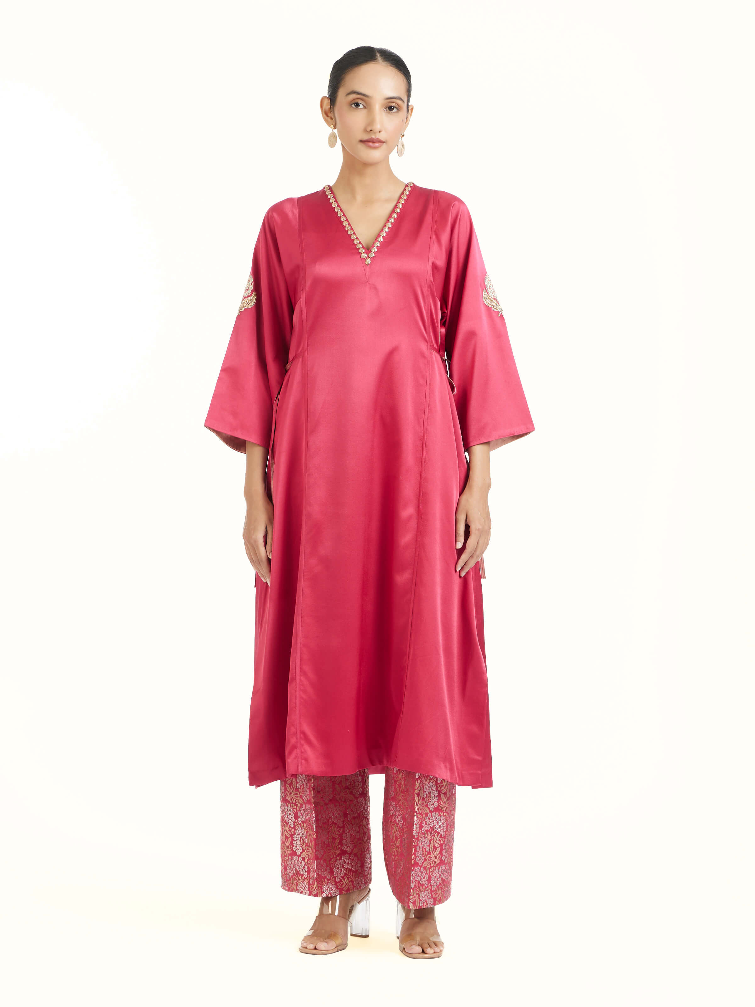 Front view of berry silk Banarasi co-ord set showcasing rich woven texture