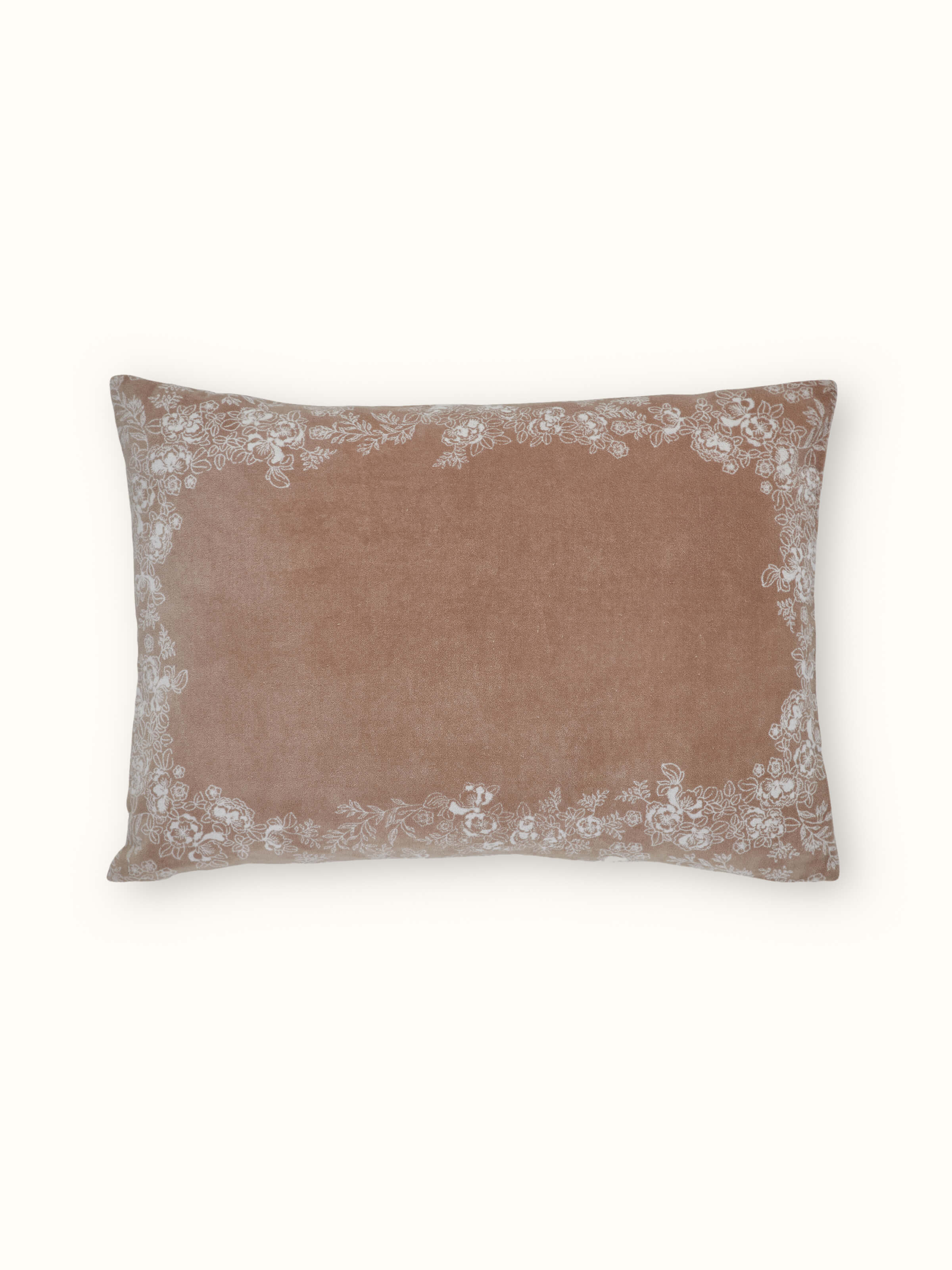 Shivranjini Beige Floral Cotton Velvet Sanganeri Hand Block Printed Lumbar Cushion Cover