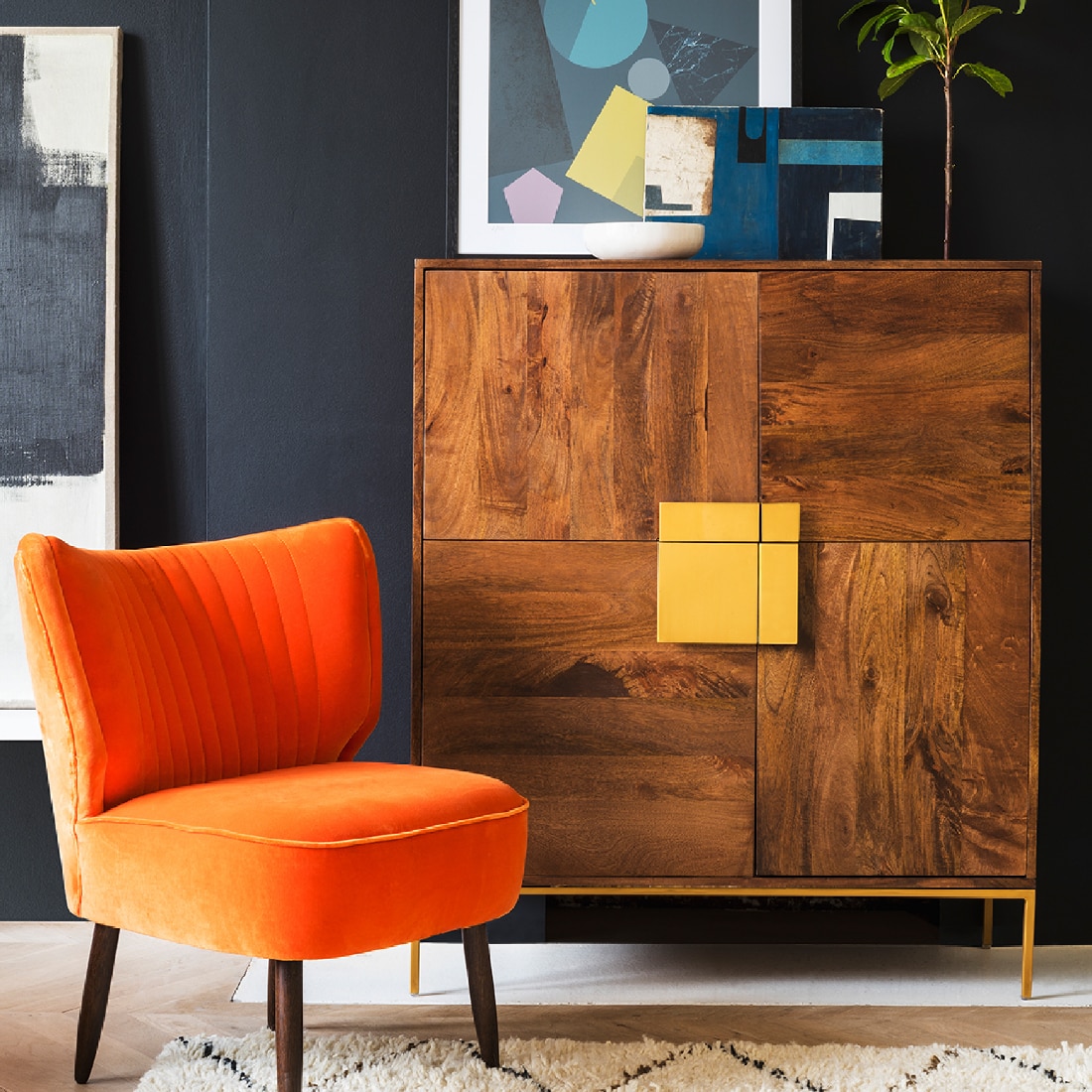 Banner Solid Wood Cabinet in Gold Finish - Orange Tree