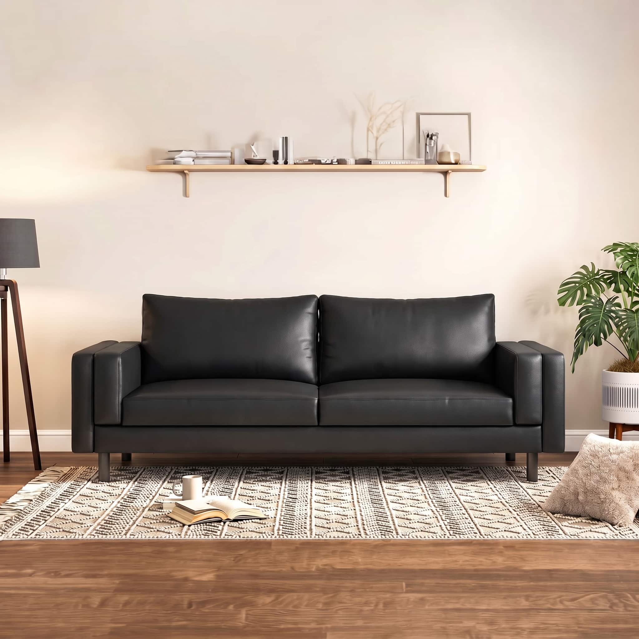 Nolan 3 Seater Leatherette Sofa in Arctic Black Leatherette Colour - Urban Ladder