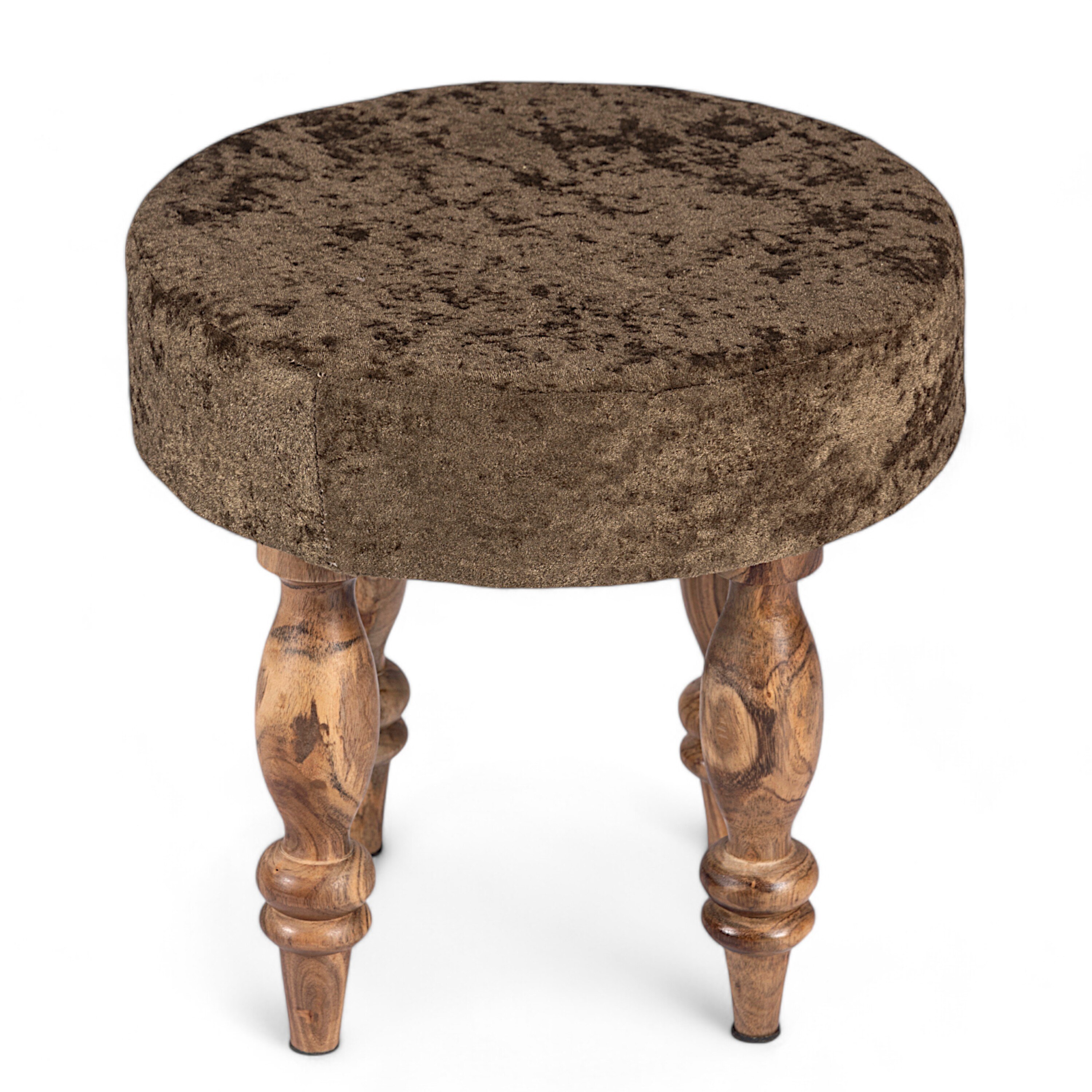 Roswell Sheesham Wood   Round Set of 2 Stools in Green Sparkle Velvet Upholstery