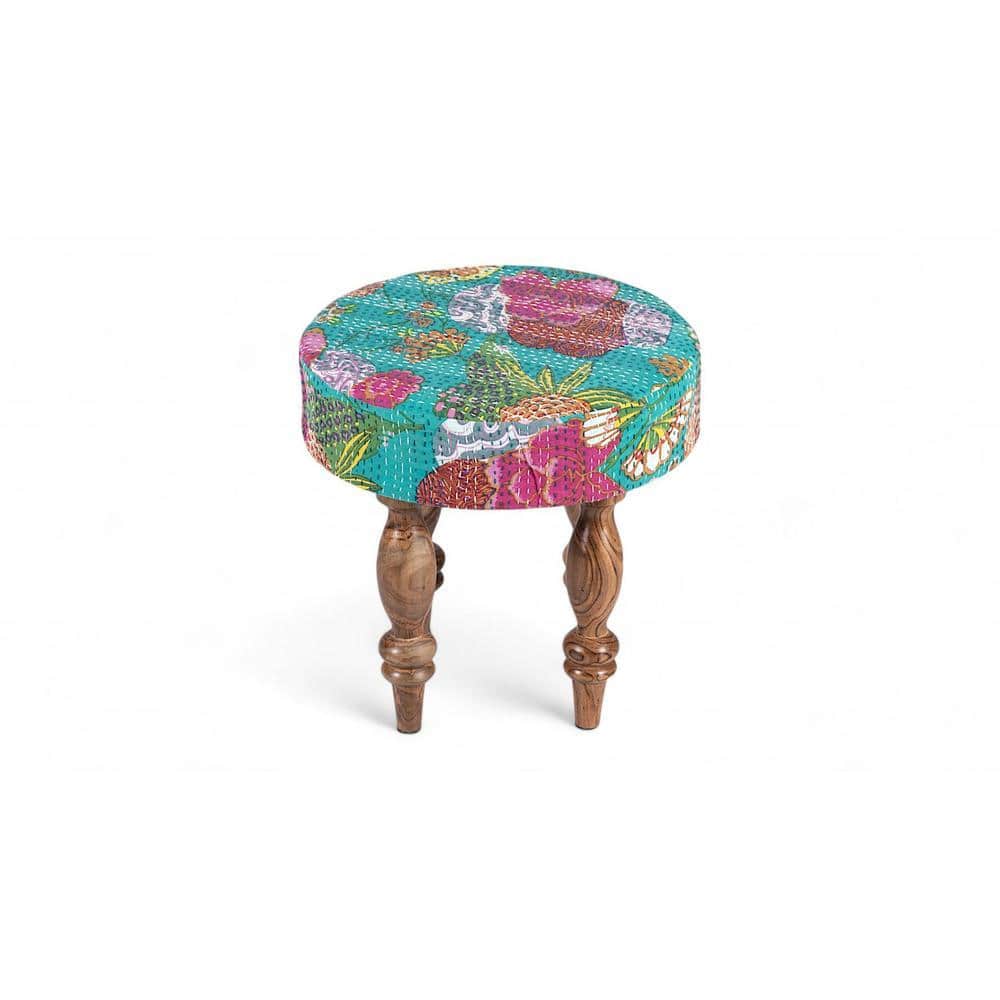 Roswell Sheesham Wood Mid Century Round Stool in Sea Green Fruit Print Kantha Upholstery