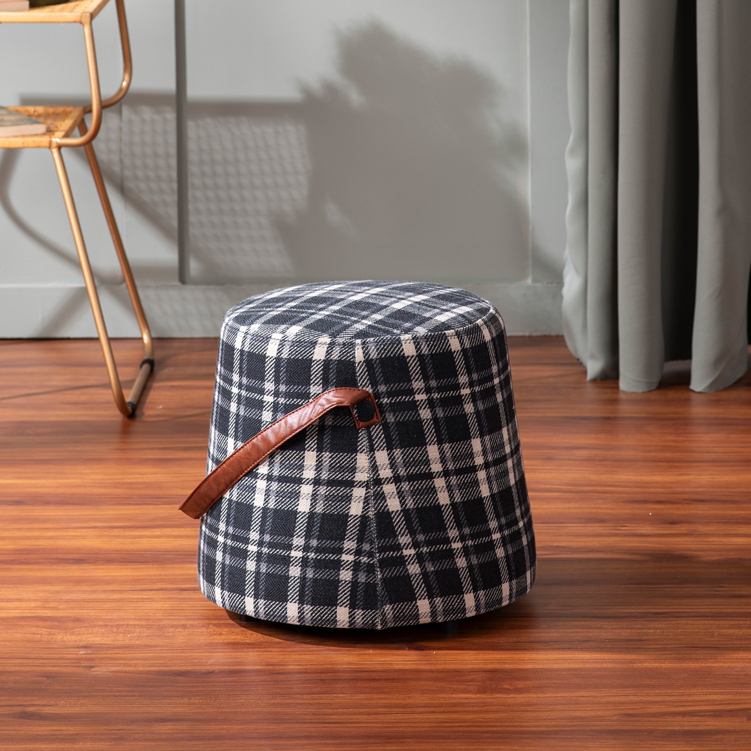 Hoist Collection Black Pouf With Faux Leather Strap - Nestroots