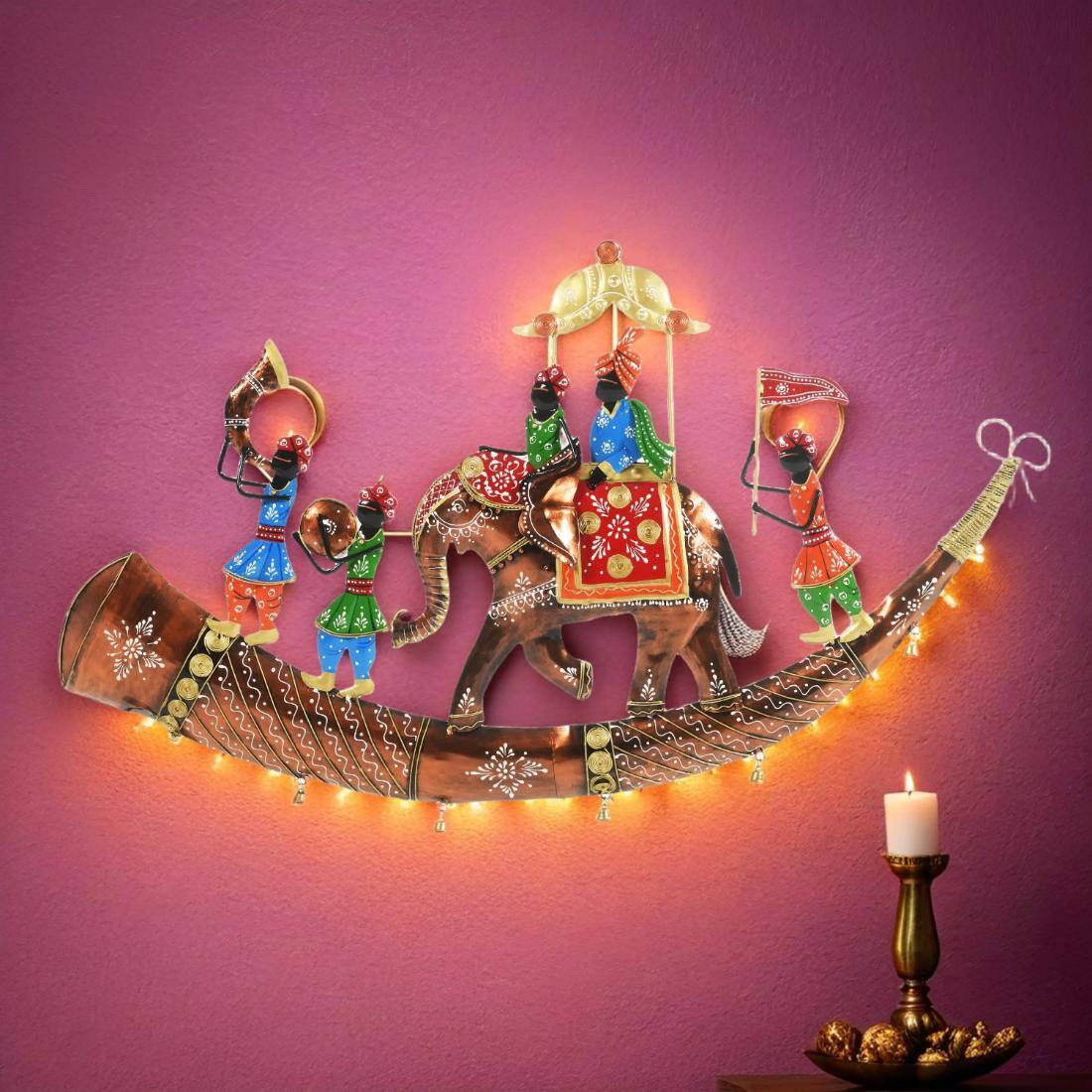 Desert Art Metal Handpainted Royal Baarat Bhopu Wall Hanging with LED in Golden Colour - Desert Art
