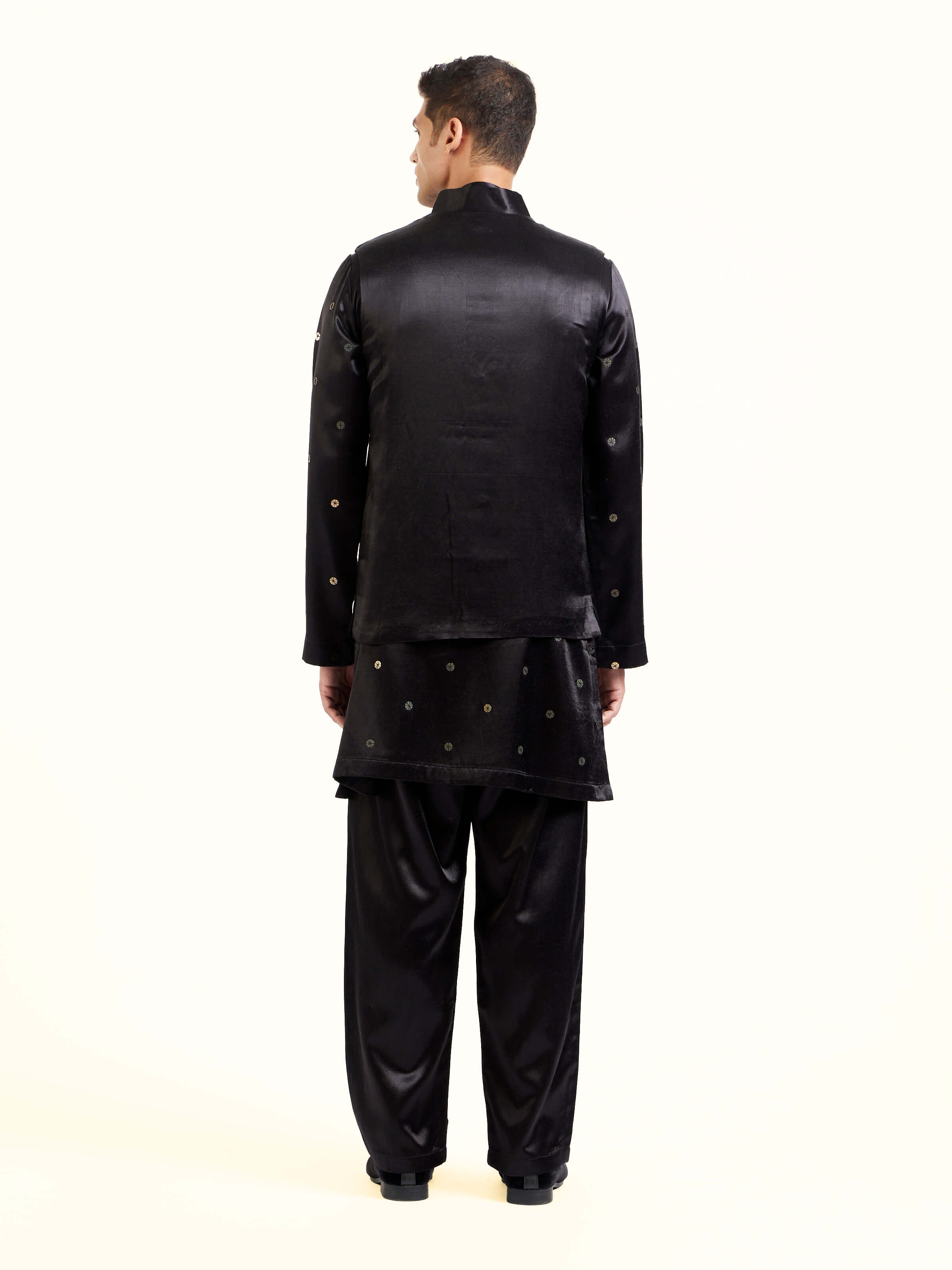 Back view of black hand embroidery ethnic jacket displaying overall design