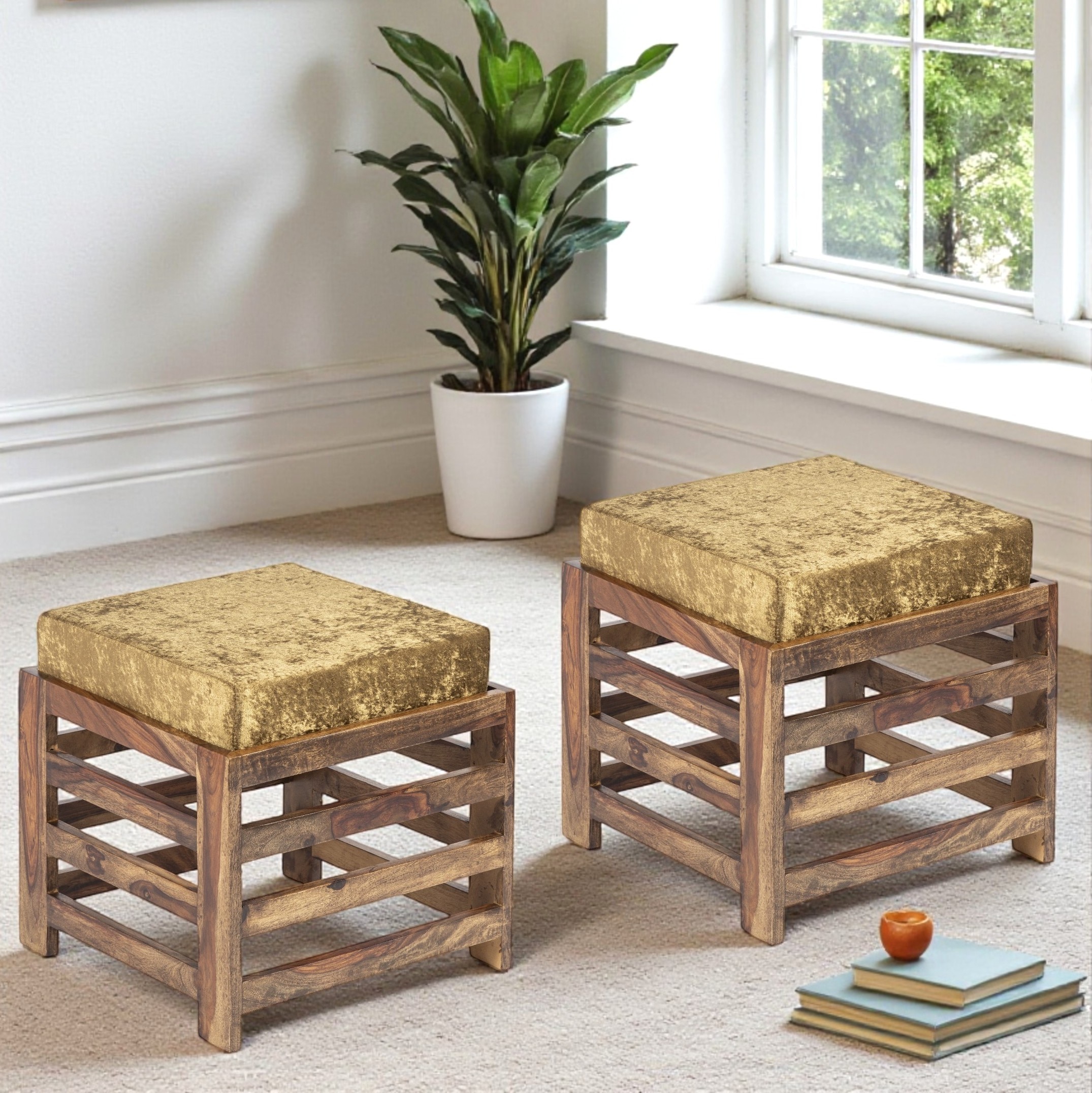 Houston Sheesham Wood Contemporary Set of 2 Stools in Green Sparkle Velvet, Teak Finish