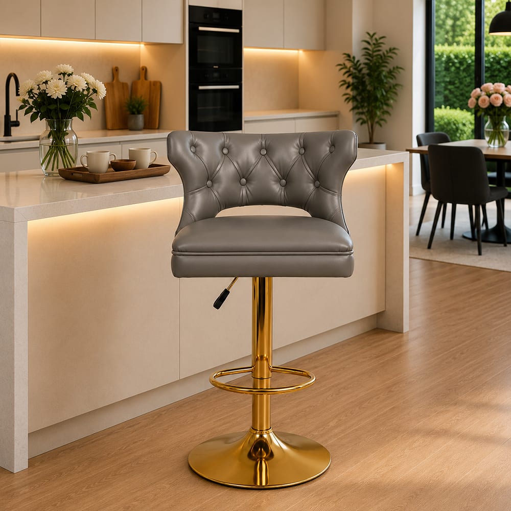 Doe Buck Verona Faux Leather Adjustable Bar Stool in Grey Colour with Gold Base - Doe Buck