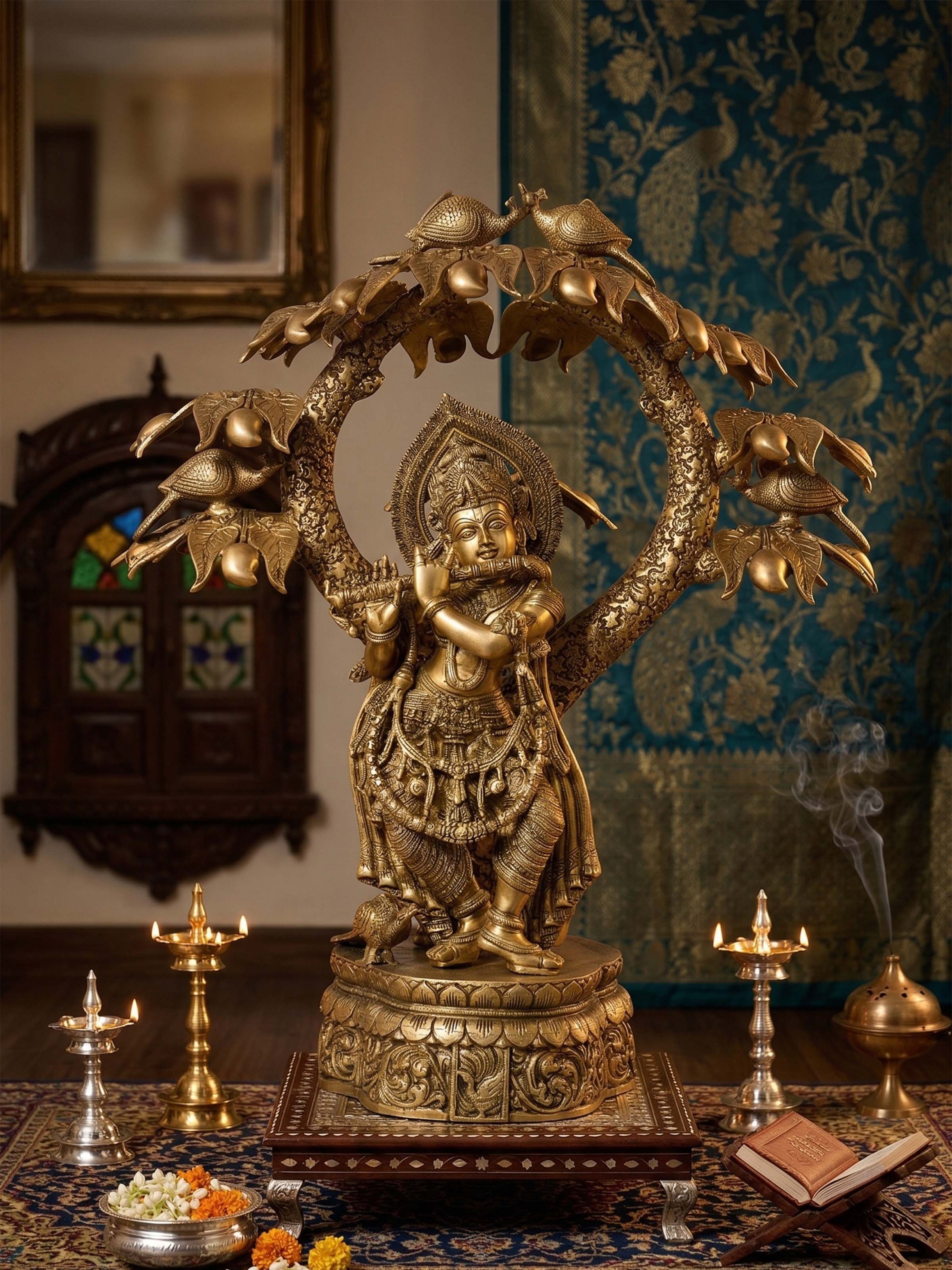 Brass Krishna Standing Tree Idol