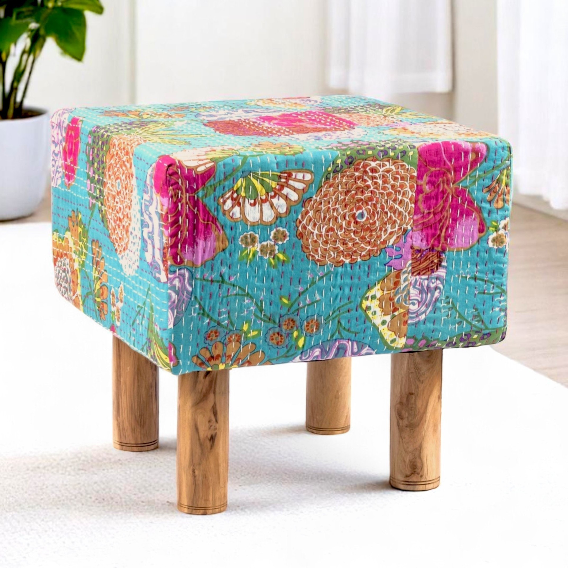 Verona Solid Wood Pouf Stool in Floral Print Green Kantha Fabric