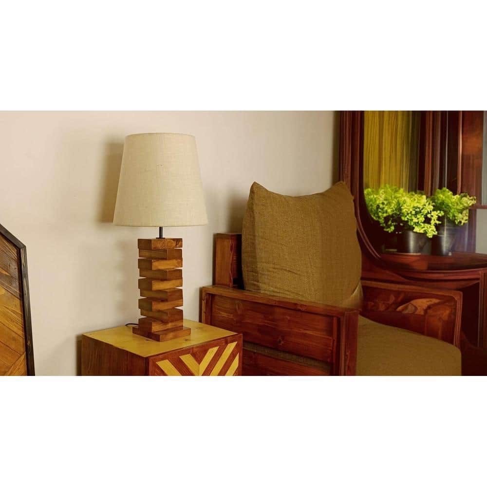 Libra Brown Wooden Table Lamp with White Fabric Lampshade