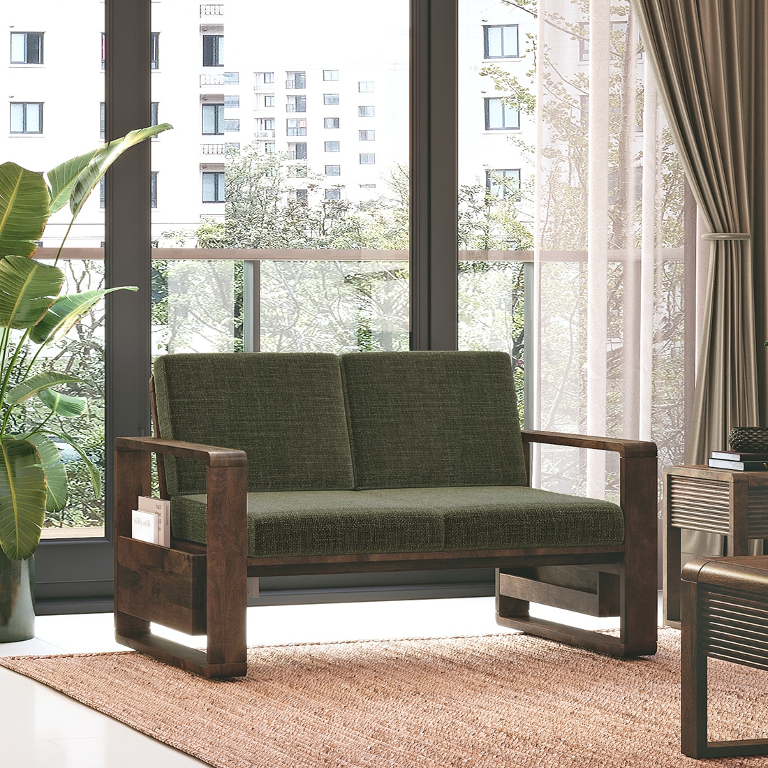 Moreno 2 Seater Solid Wood Sofa in Danish Walnut Finish and Juniper Green Fabric